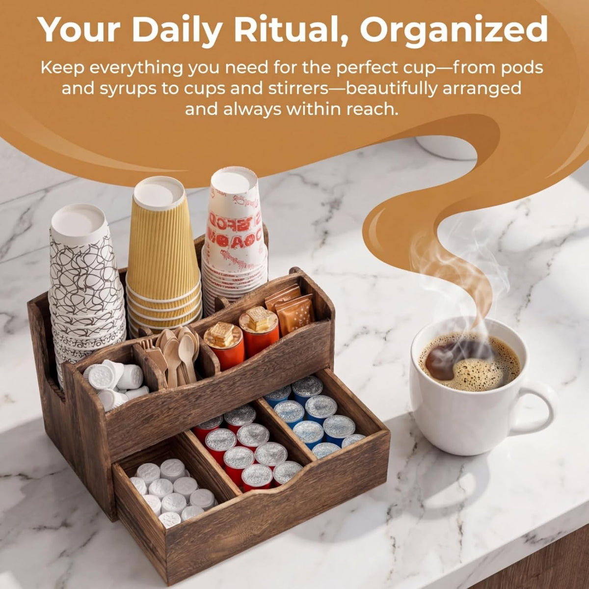 Wood Coffee Station Organizer with Drawer, 6 Compartments