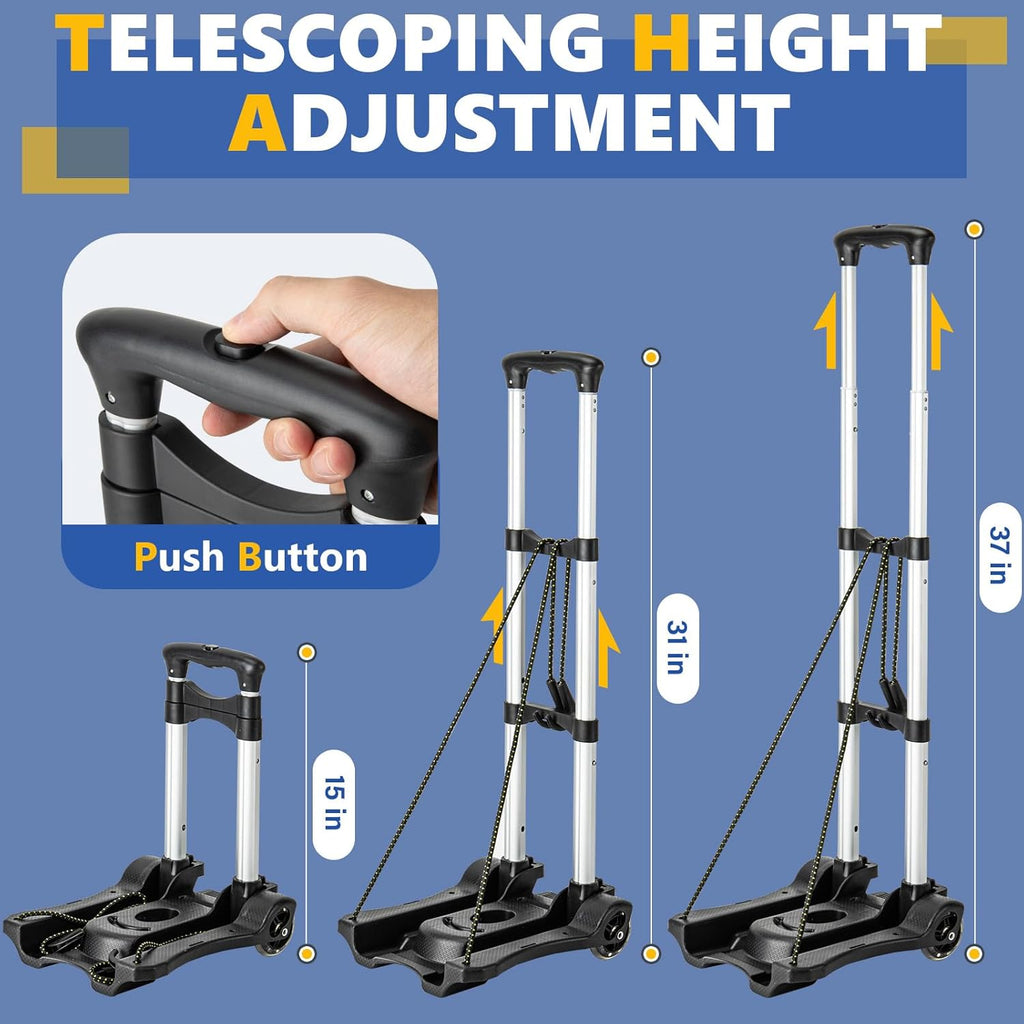 Small Folding Hand Truck Dolly with 2 Wheels, Foldable Luggage Cart, Lightweight Aluminum Collapsible Trolly Portable