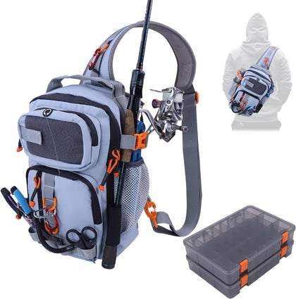 Fishing Backpack Tackle Storage Bag with 2 Tackle Boxes(Grey) | Lightweight Outdoor Water-Resistant Fishing Shoulder