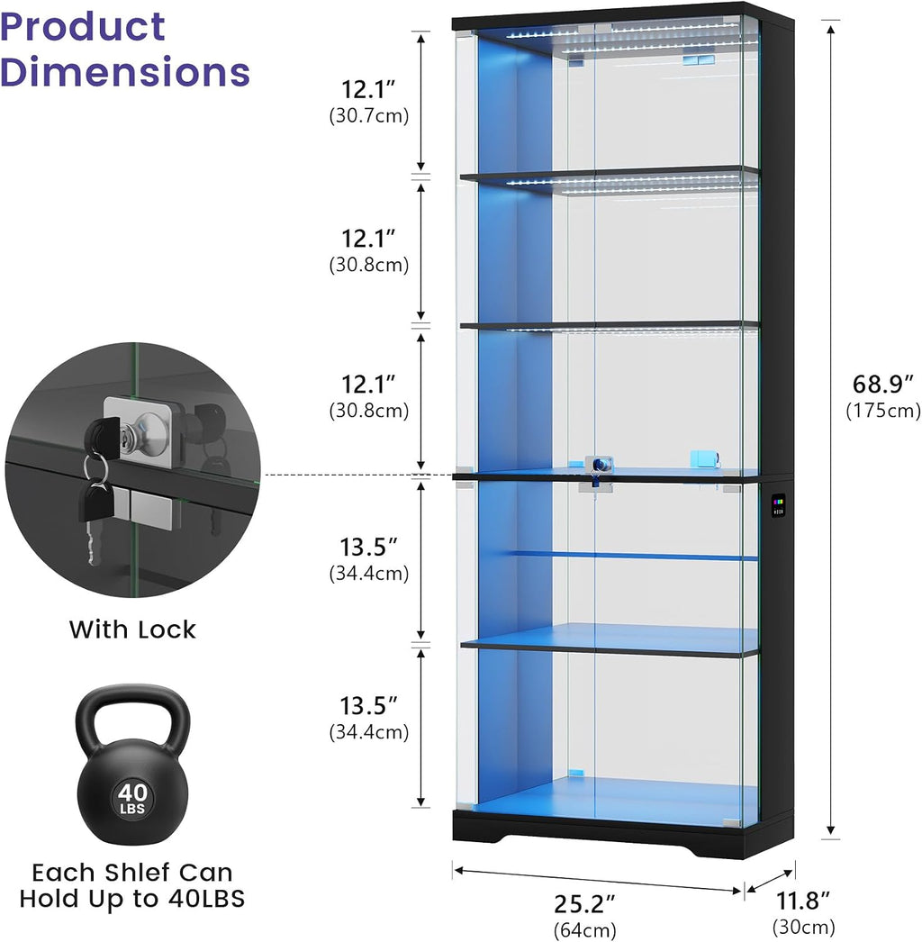 Glass Display Cabinet with Doors and RGB LED Lights | 69" Tall Curio Cabinet, 5-Tier Wooden Shelves, Lockable Display