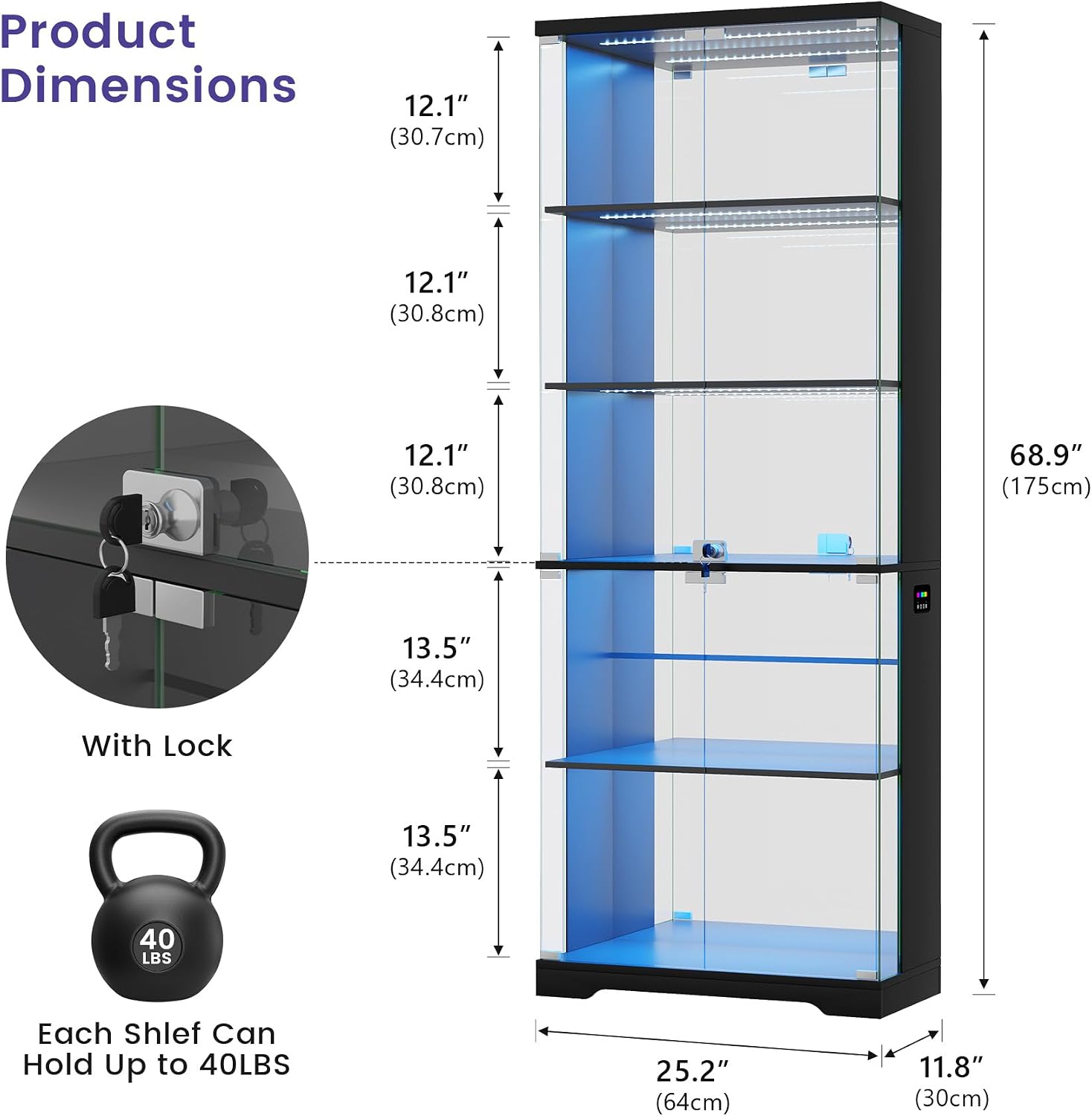 Glass Display Cabinet with Doors and RGB LED Lights | 69" Tall Curio Cabinet, 5-Tier Wooden Shelves, Lockable Display