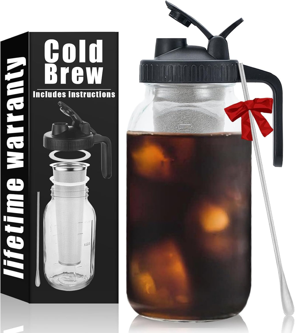 Cold Brew Mason Coffee Maker - 64oz Iced Coffee Pitcher with Stainless Steel Mixing Spoon & Super Dense Filter 3