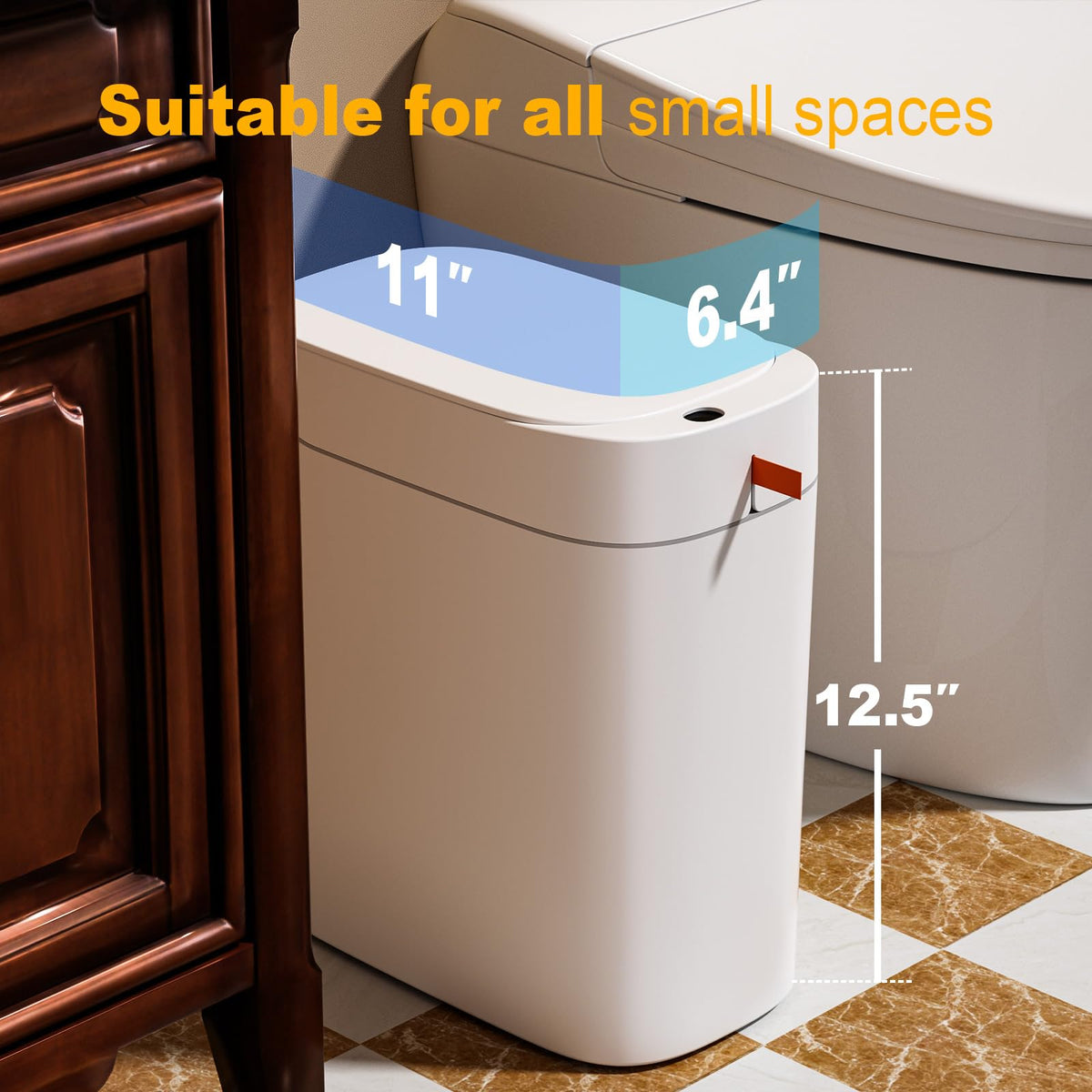 Bathroom Trash Can, Automatic Bagging Garbage Can, 3.5 Gallon Slim Smart Small Plastic Trash Bin, Narrow Motion