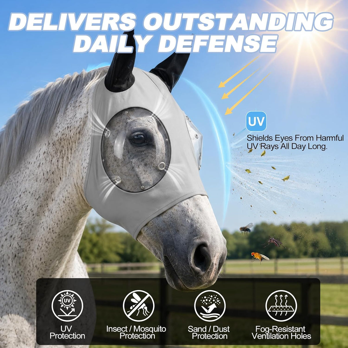 Horse Fly Mask with Ears - Ice Silk Cooling Fabric for Summer, Upgraded Anti-Fog & UV Blocking Ski-Grade Eye Mesh