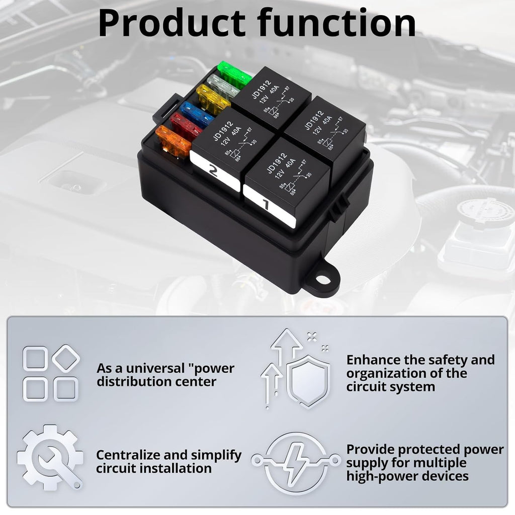 12V Pre-Wired Fuse and Relay Box Kit with 4 x 40A Relays & 6 ATC/ATO Fuses, Universal 4-Pin Relay Block for Cars, Trucks