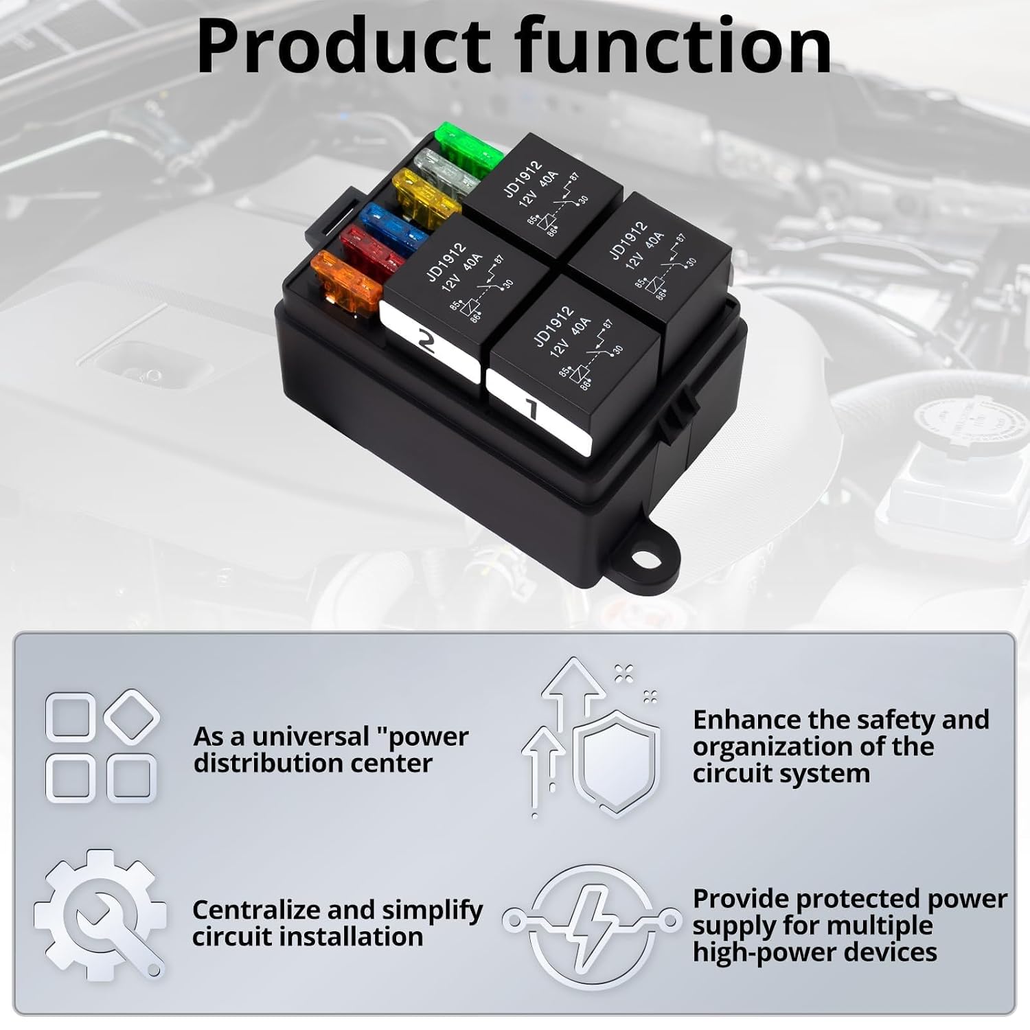 12V Pre-Wired Fuse and Relay Box Kit with 4 x 40A Relays & 6 ATC/ATO Fuses, Universal 4-Pin Relay Block for Cars, Trucks