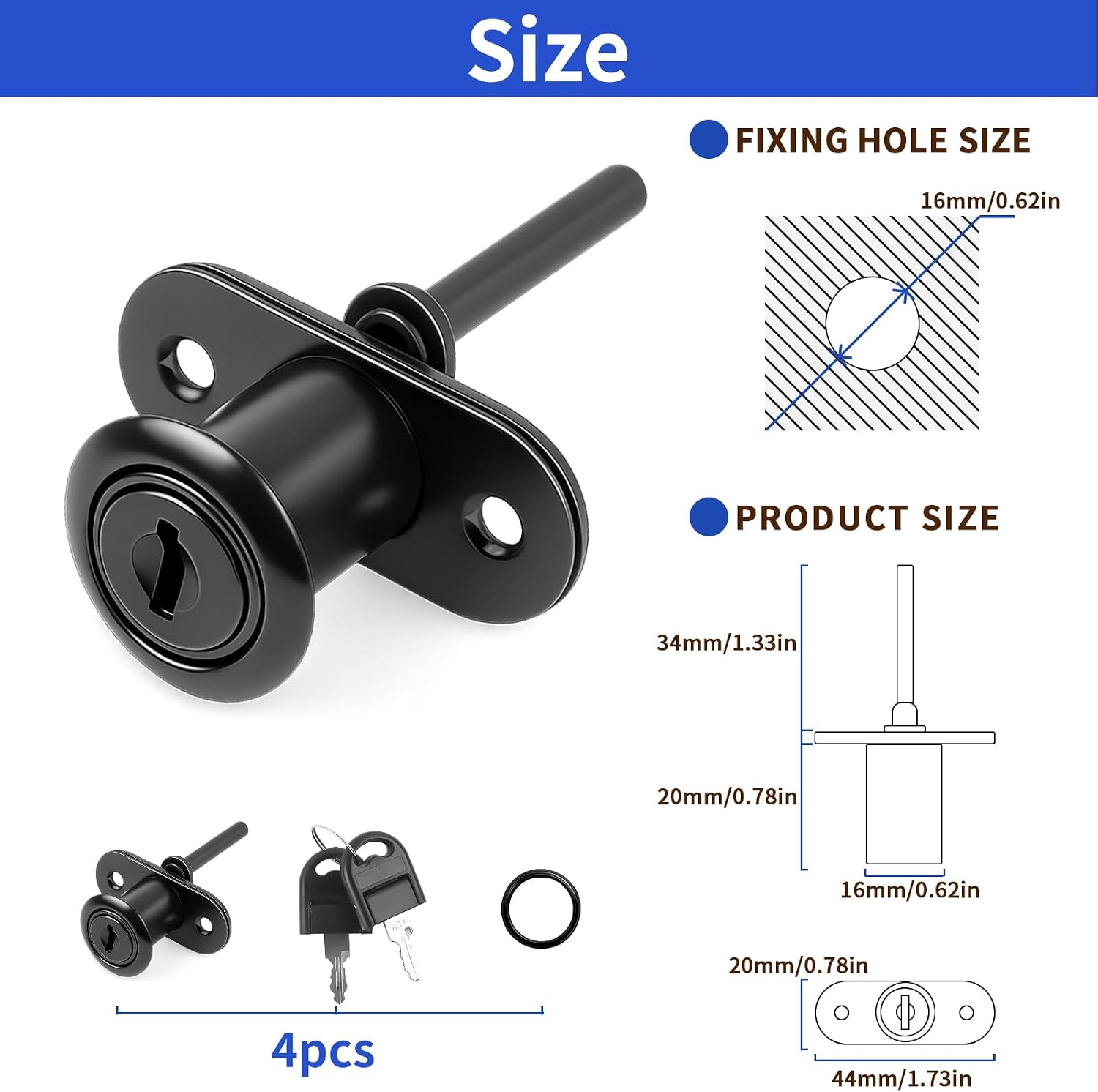 4 Pcs - Zinc Alloy Drawer Lock with Keys File Cabinet Lock Replacement, Desk Locks File Cabinet Lock for Wardrobe