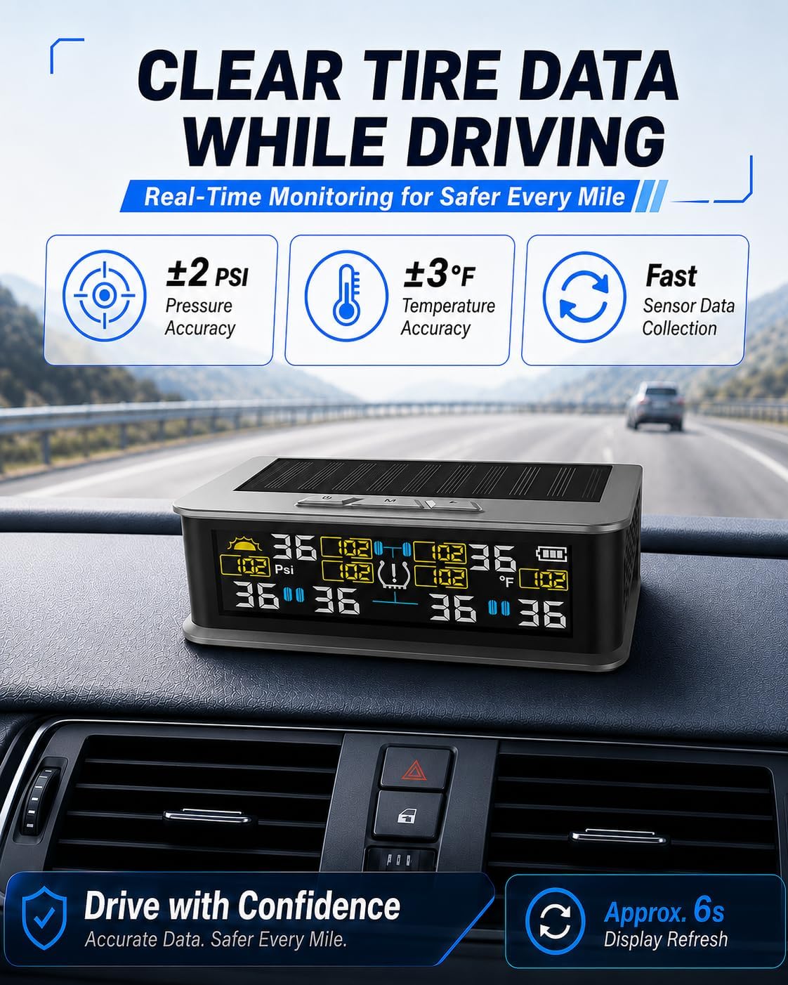 RV TPMS Tire Pressure Monitor, 6 Sensors, 0-144 PSI, Solar Display | Custom alerts, color screen, USB rechargeable