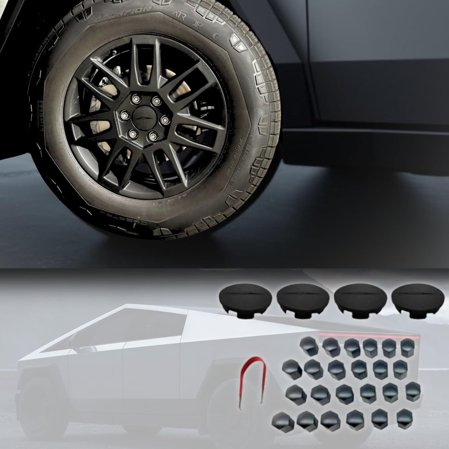 Premium Core Wheel Center Caps (4pcs) & Lug Nut Covers (24pcs) for Tesla Cybertruck | Compatible with All-Season Core