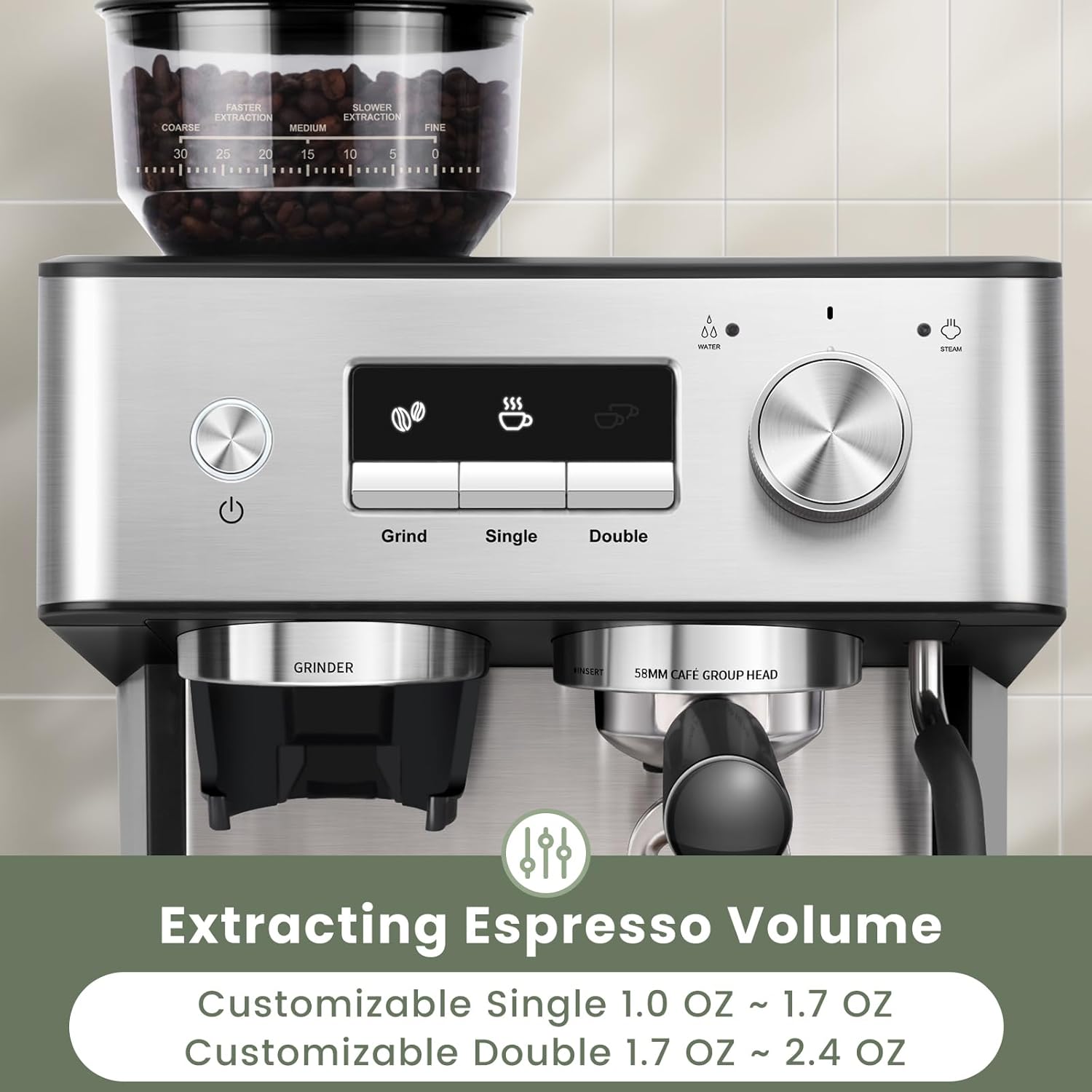 20 Bar Espresso Machine with Grinder & Steam Wand for Latte Cappuccino | Removable Water Tank, Powerful Milk Frother