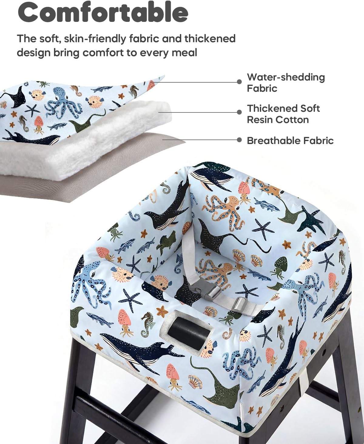 Reusable Baby High Chair Cover with Strap Pads & 2-Point Harness, Waterproof Washable Portable Seat Liner for Wooden