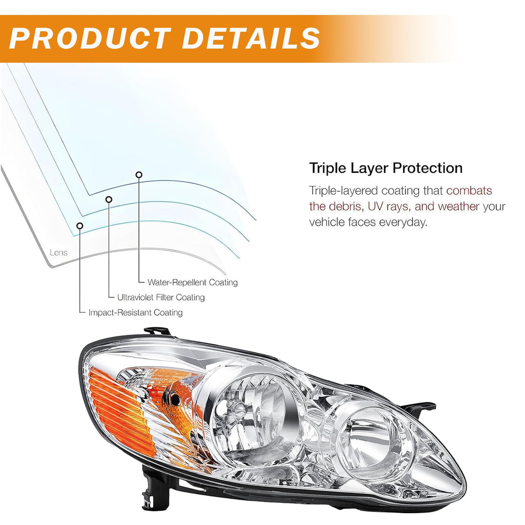 for 2003 2004 2005 2006 2007 2008 Toyota Corolla Headlights Headlamp Assembly Replacement Pair,Chrome Housing Amber