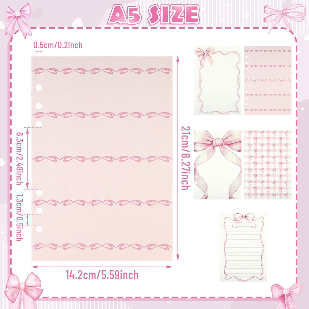 100 Sheets Pink Bow A5 Refills Paper for Planner Inserts Binder, Thick 6 Hole Notebook Refill, 120GSM Filler Loose