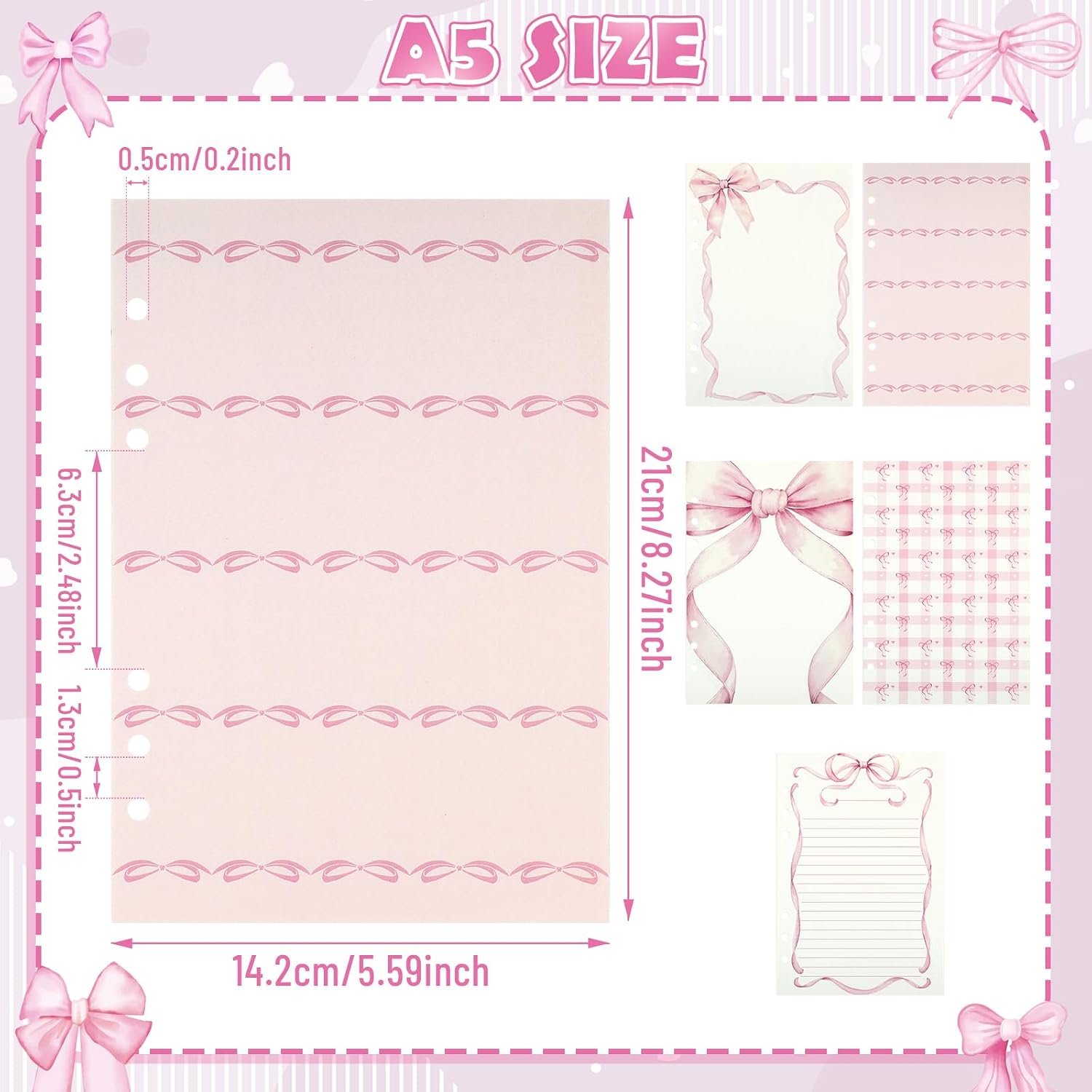 100 Sheets Pink Bow A5 Refills Paper for Planner Inserts Binder, Thick 6 Hole Notebook Refill, 120GSM Filler Loose