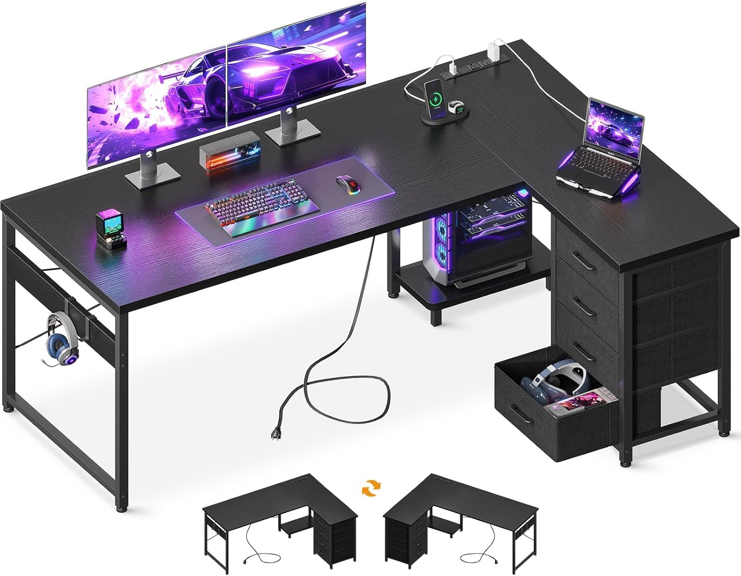 L Shaped Gaming Desk with 4 Drawers, 61" Reversible Home Office Desks with Power Outlets, L Shaped Computer Desk with