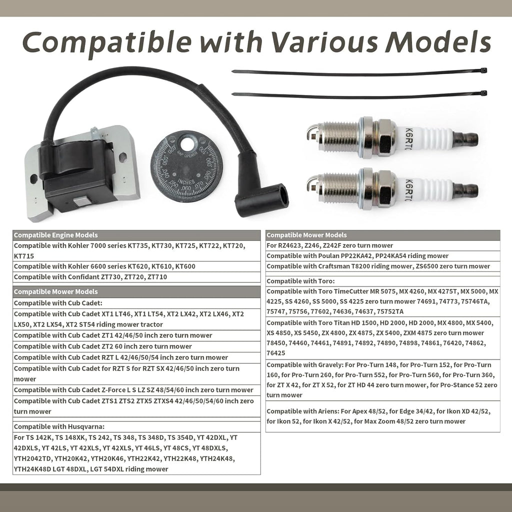 32-584-06-S Ignition Coil Kit 7000 Series Replacement for Kohler KT735 KT730 KT725 KT722 KT720 KT715 6600 KT620 KT610 KT600 for Confidant ZT730 ZT720 ZT710 for Cub Cadet ZT1 ZT2 XT1 XT2 RZT