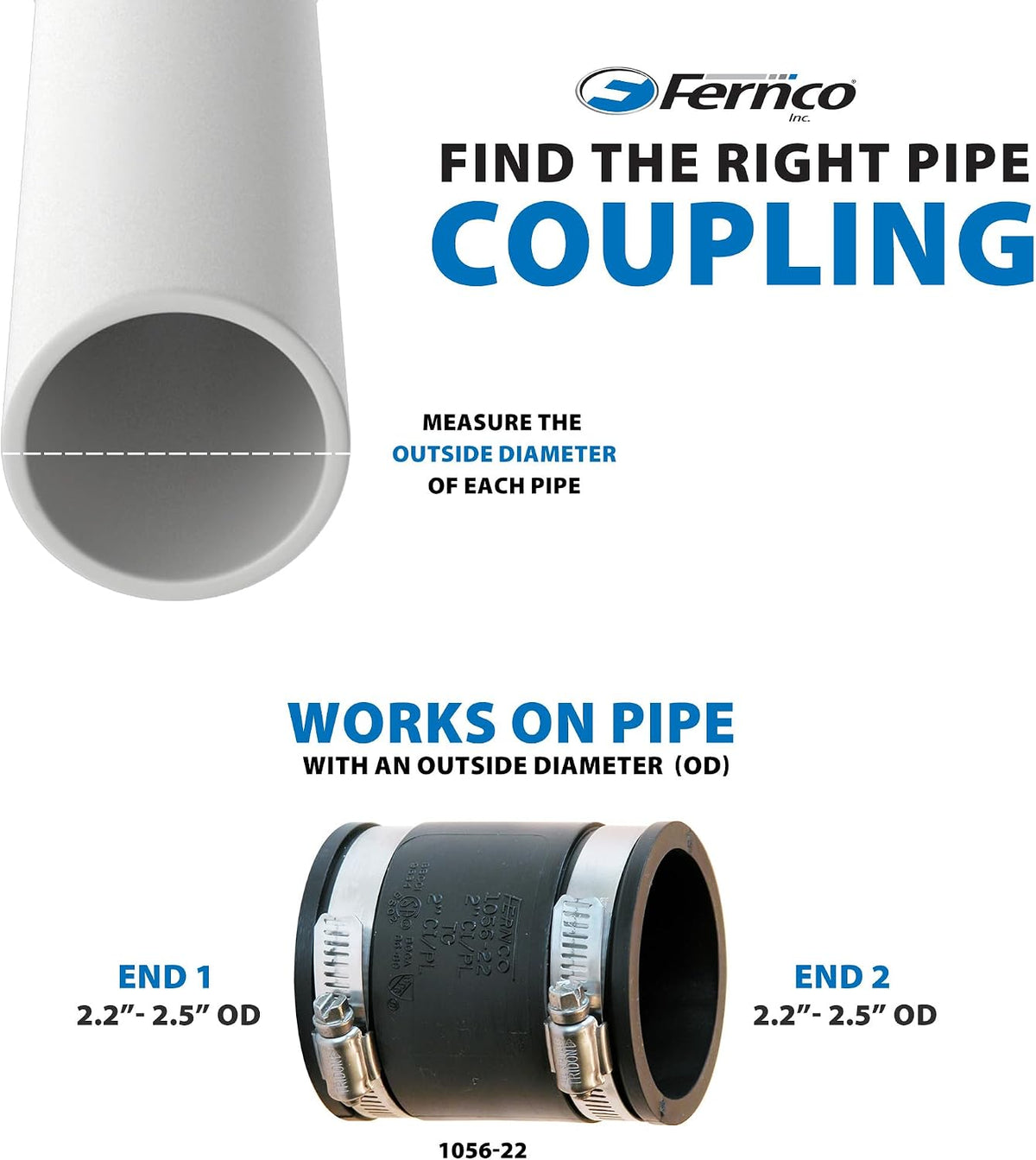 Fernco 1056-22 Flexible Pipe Coupling 2” CI/Plastic/Steel to 2” CI/Plastic/Steel