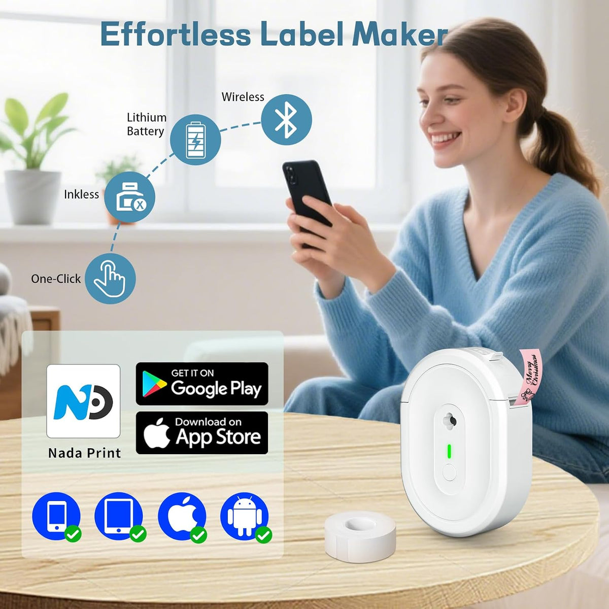 Bluetooth Label Maker Machine N12 Mini Thermal Label Printer, White | Portable Small Waterproof Label Maker , Easy