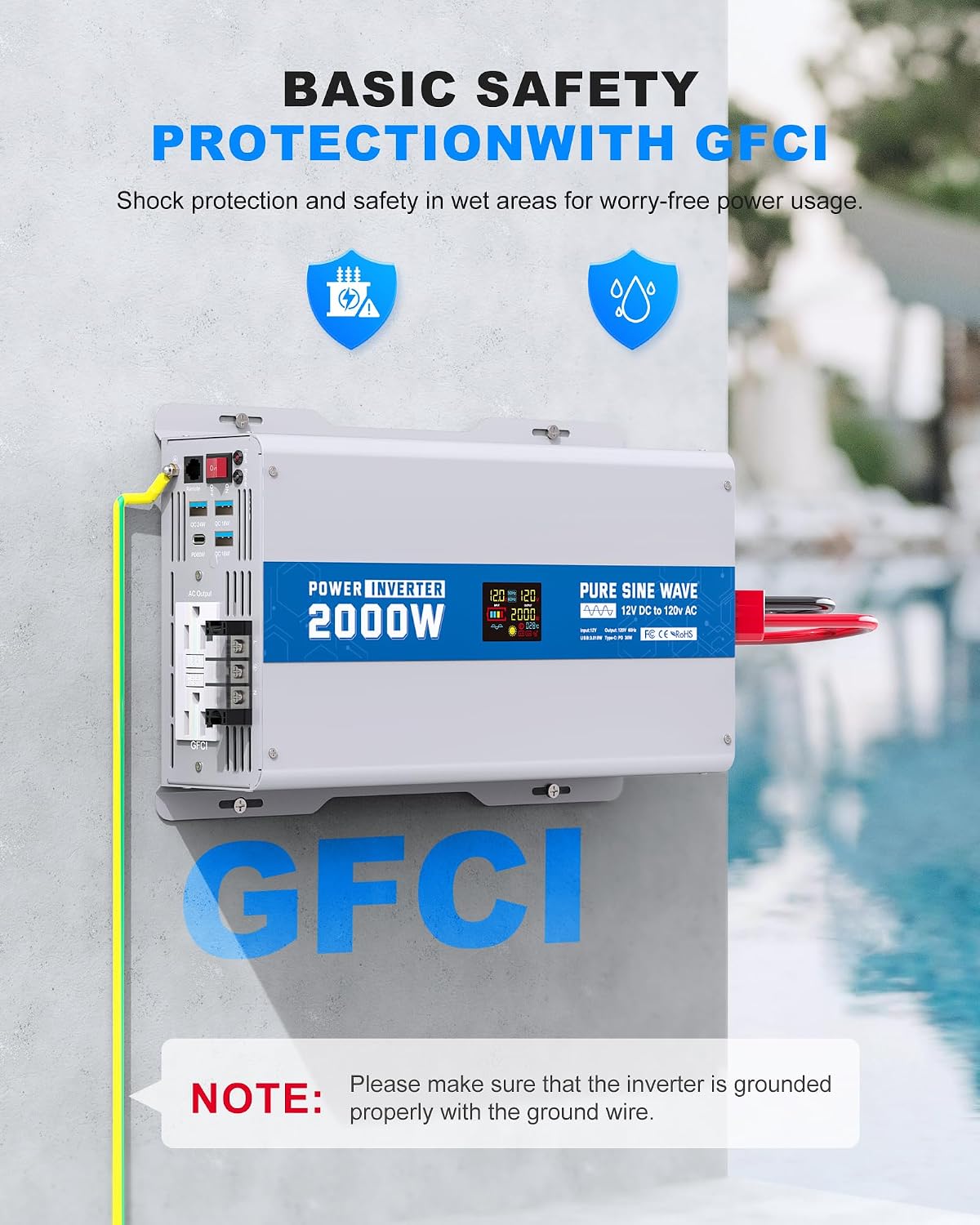 2000W Pure Sine Wave Power Inverter 12V DC to 120V AC Converter 4000 Watt Peak Power Multi-Display Screen with 2 GFCI