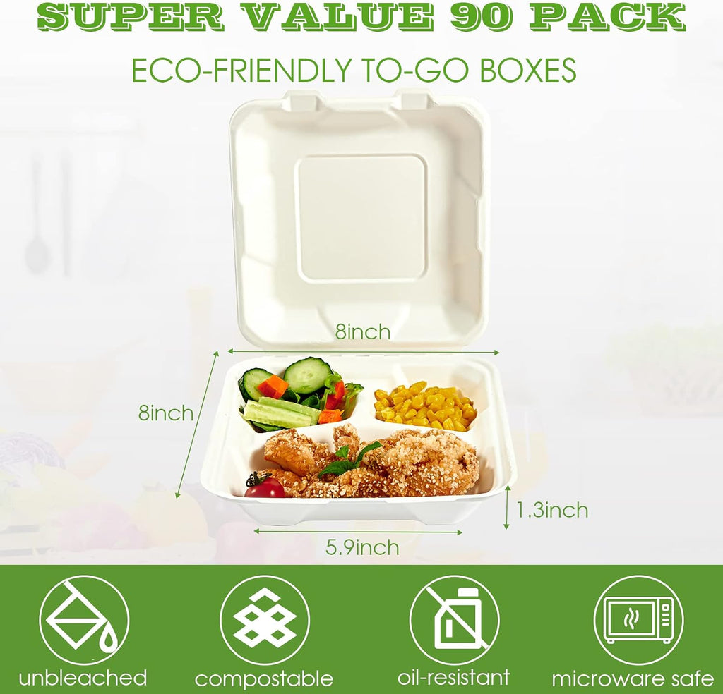 90 Pack Compostable Take Out Food Containers, 8x8 inch, 3 Compartment