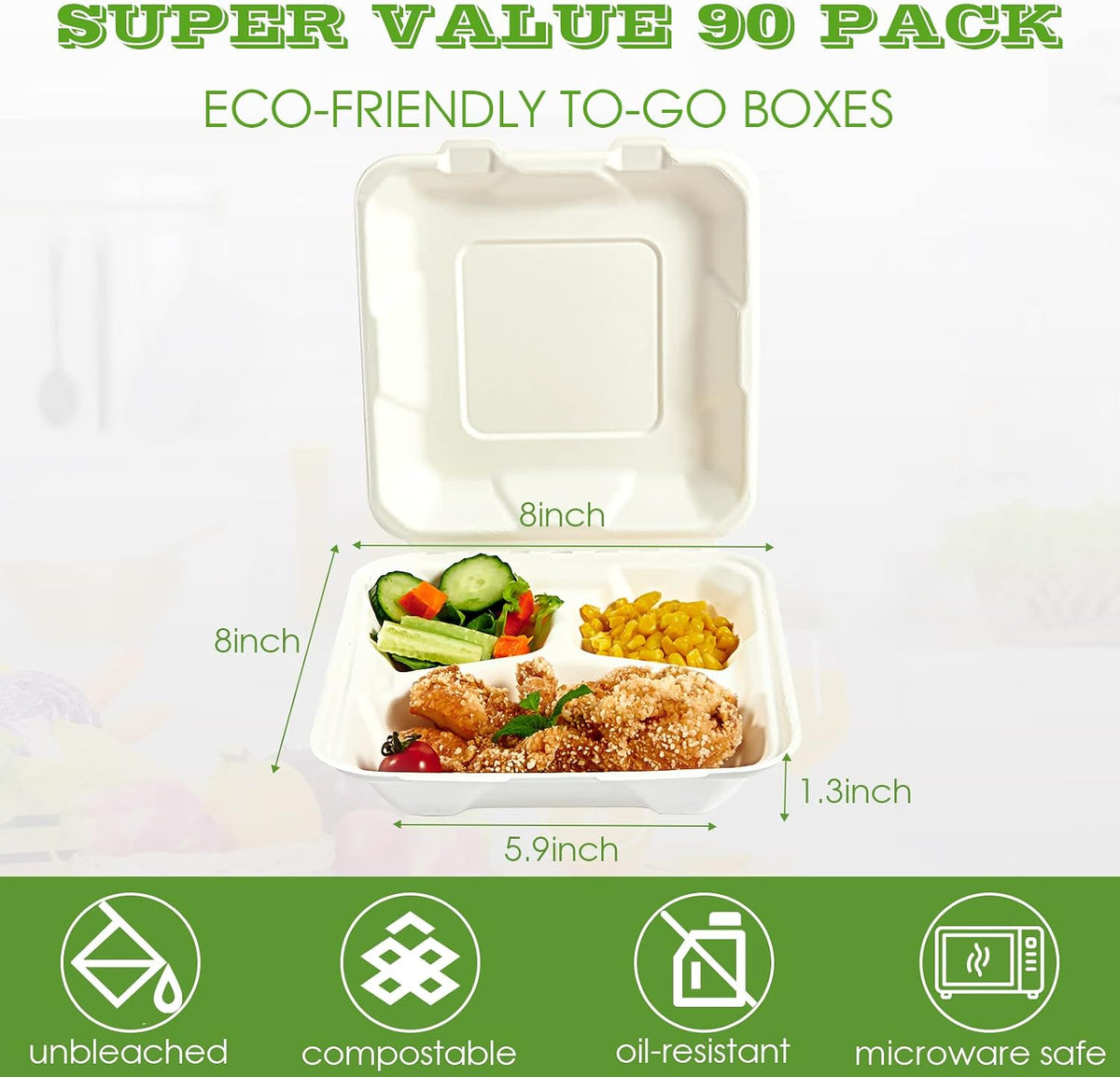 90 Pack Compostable Take Out Food Containers, 8x8 inch, 3 Compartment