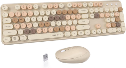 Colorful Wireless Keyboard and Mouse Combo (Milk Tea-Colorful) | Retro Typewriter Floating Full-Sized Keys Computer