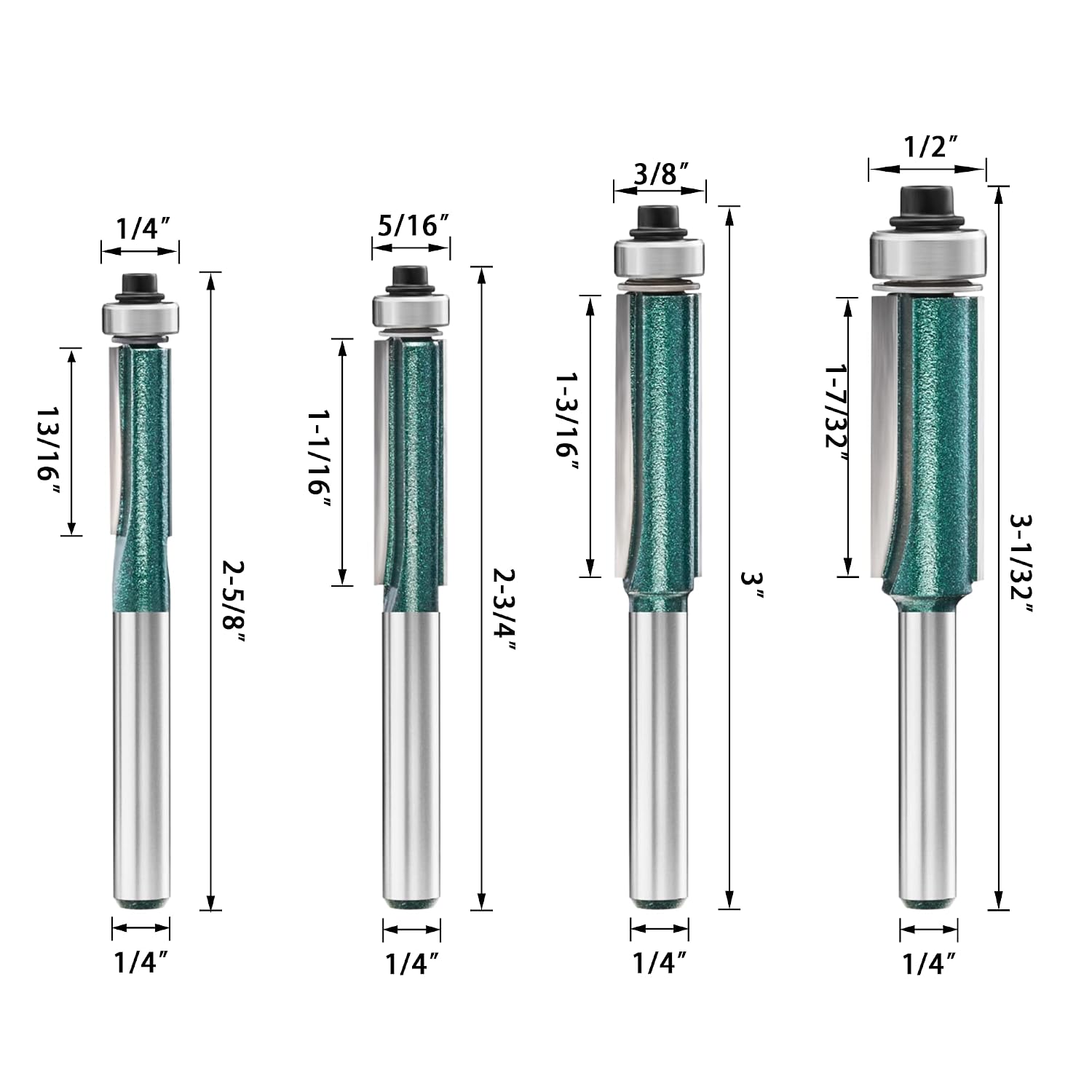 Flush Trim Router Bits 1/4 Shank, Top Bearing Flush Trim Cut Router Bits Set, 1/4 Flush Cut Router Bits, Handy