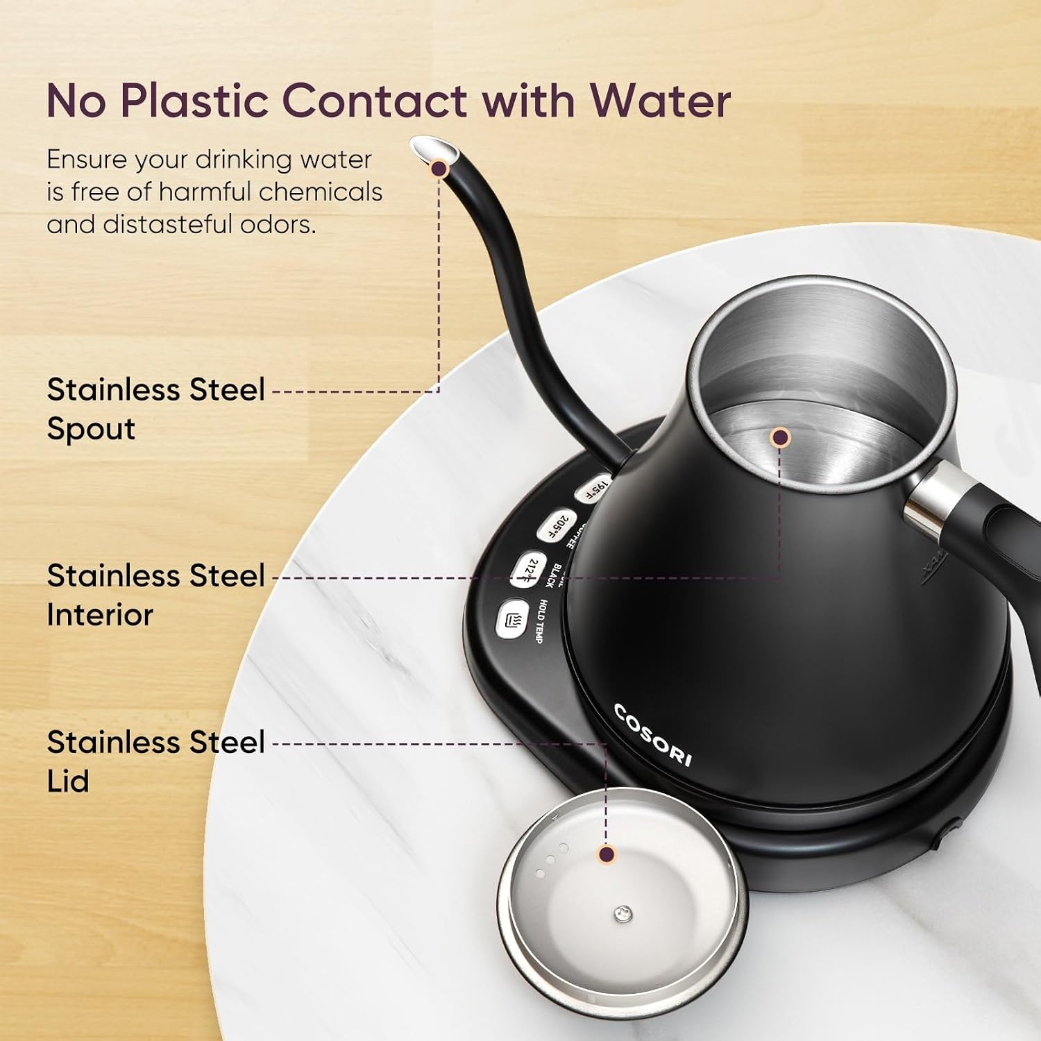 Gooseneck Electric Kettle with Temperature Control, 0.8L, Black | No Plastic Contact with Water, 5 Presets, 60-Min