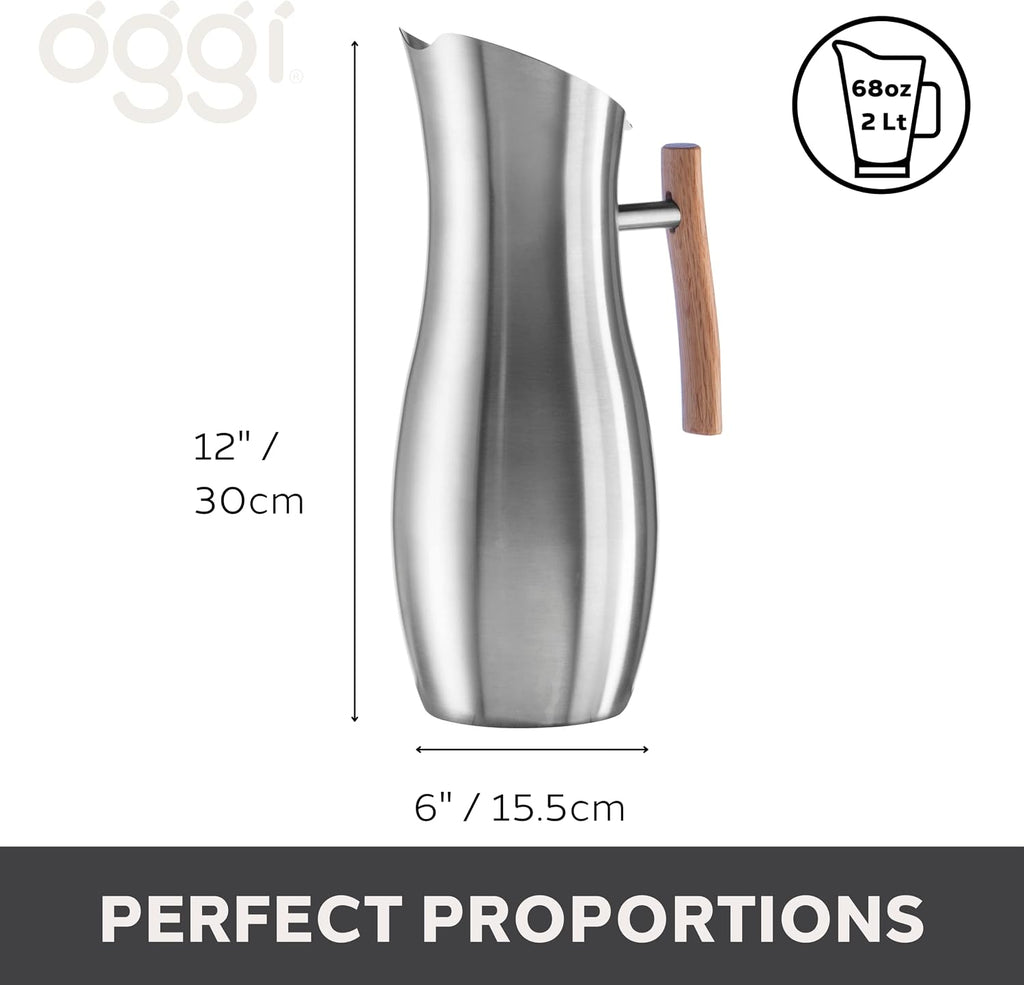 Slimline Stainless Steel Pitcher- Stainless Steel Water w/Ice Guard, Water Carafe, Great Metal Container for