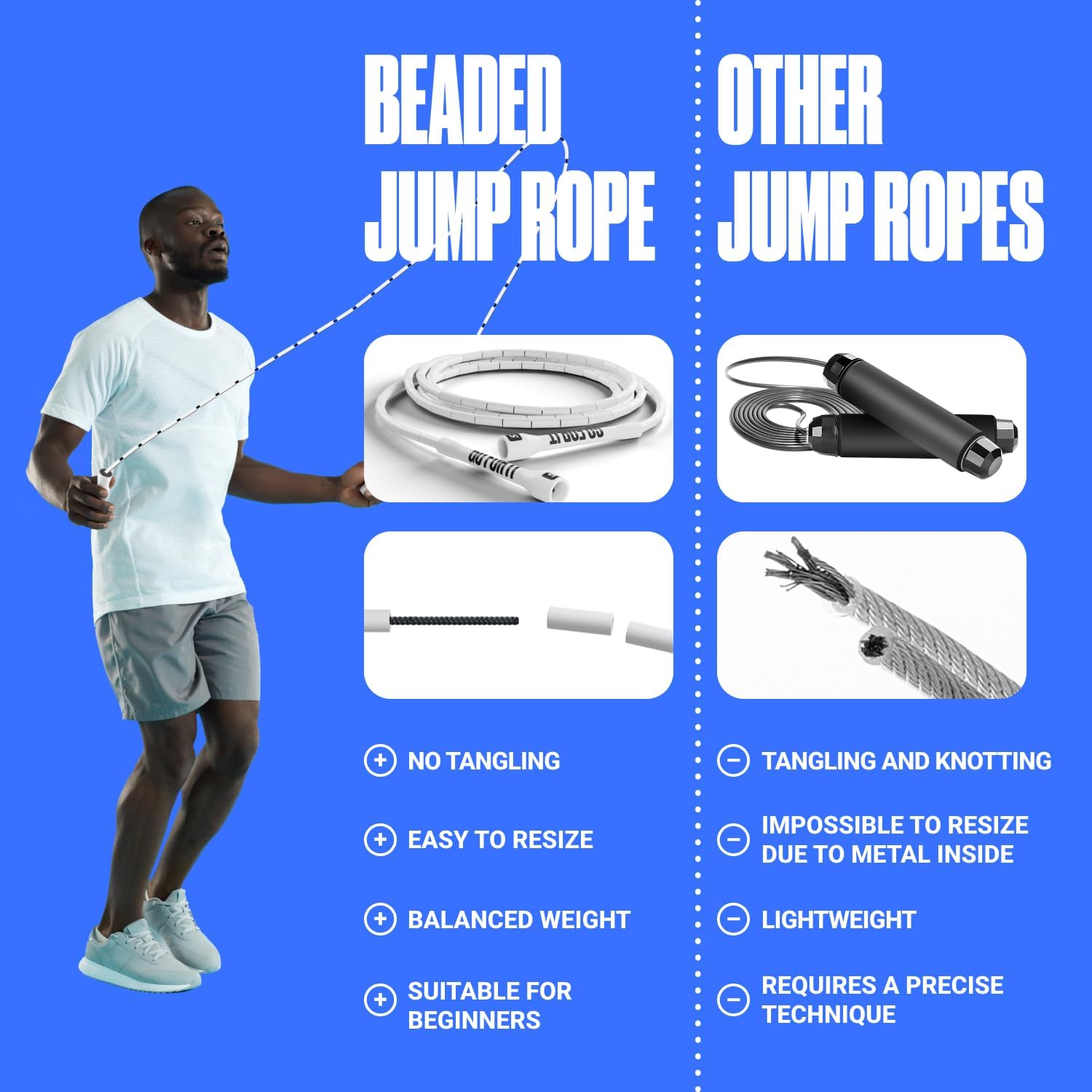 Custom-Fit Beaded Jump Rope – Adjustable Length for Kids & Adults, Men & Women – Durable Fitness Rope for Gym & Home
