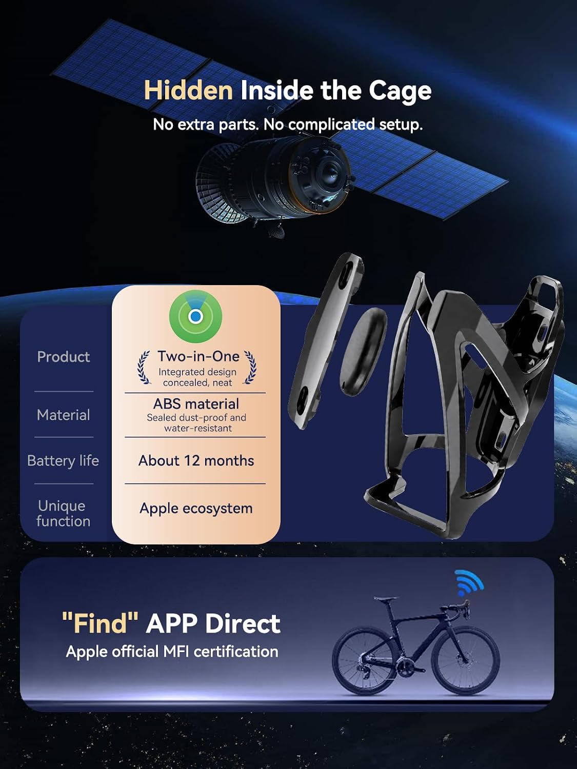 Bike Water Bottle Cage with Built-in Item Finder, Works with Find My App, Hidden Anti-Loss Bicycle Finder, No Extra