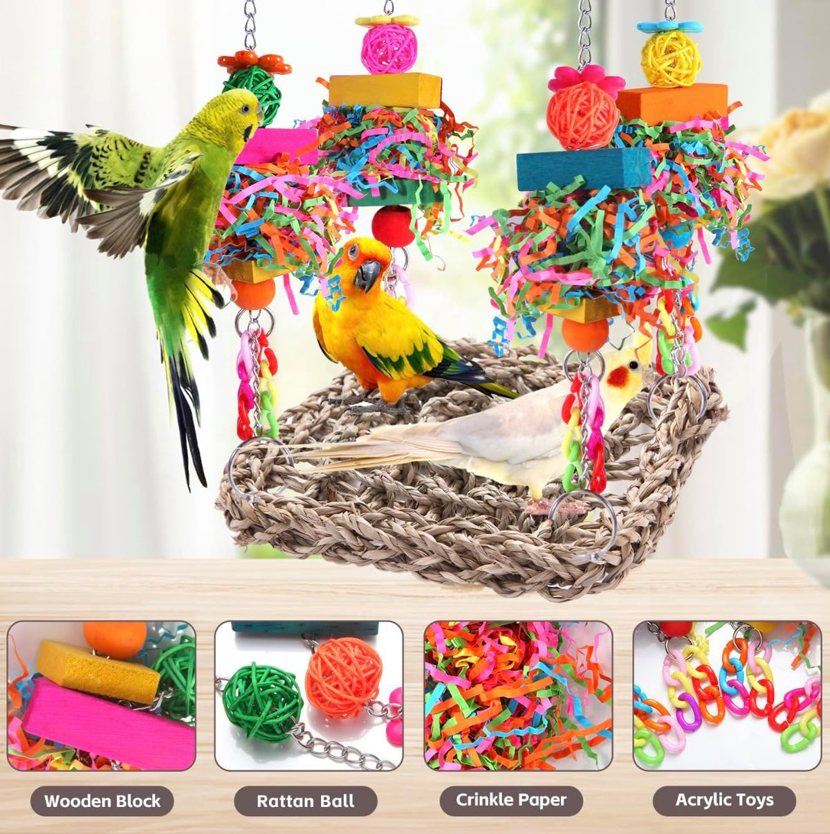 Parakeet Toys Bird Toys Conure Toys Birdcage Stands Bird Foraging Wall Seagrass Woven Hammock Swing Mat for