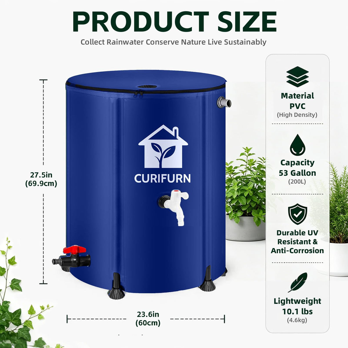 53 Gal Collapsible Rain Barrel with Spigot, Filter and Overflow Kit, Blue