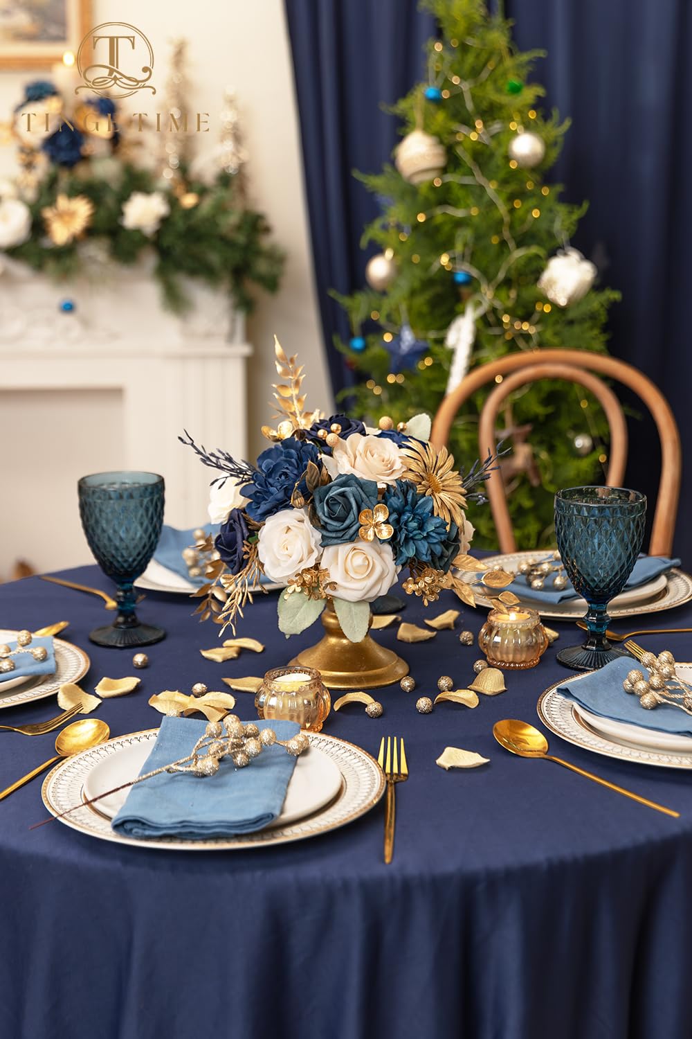 Navy Blue Artificial Flowers Combo, Rose Dahlia Wedding Decor