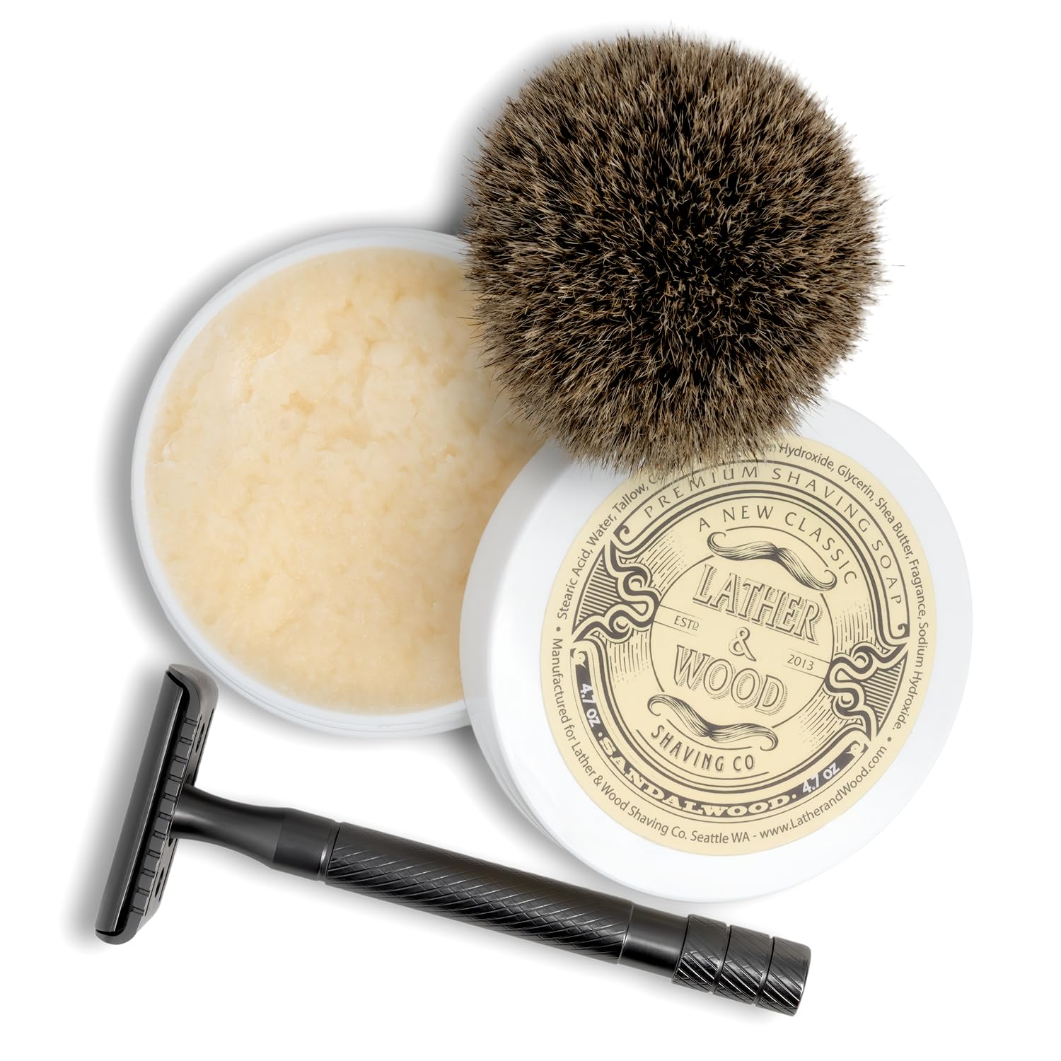Lather & Wood Shaving Soap - Sandalwood - Simply The Best Luxury Shaving Cream - Tallow - Dense Lather with Fantastic