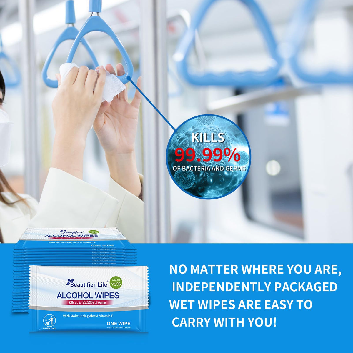100 Count Individually Packed Hand Sanitizing Wipes - 75% Alcohol Formula with Aloe, Moisturizer, and Vitamin E