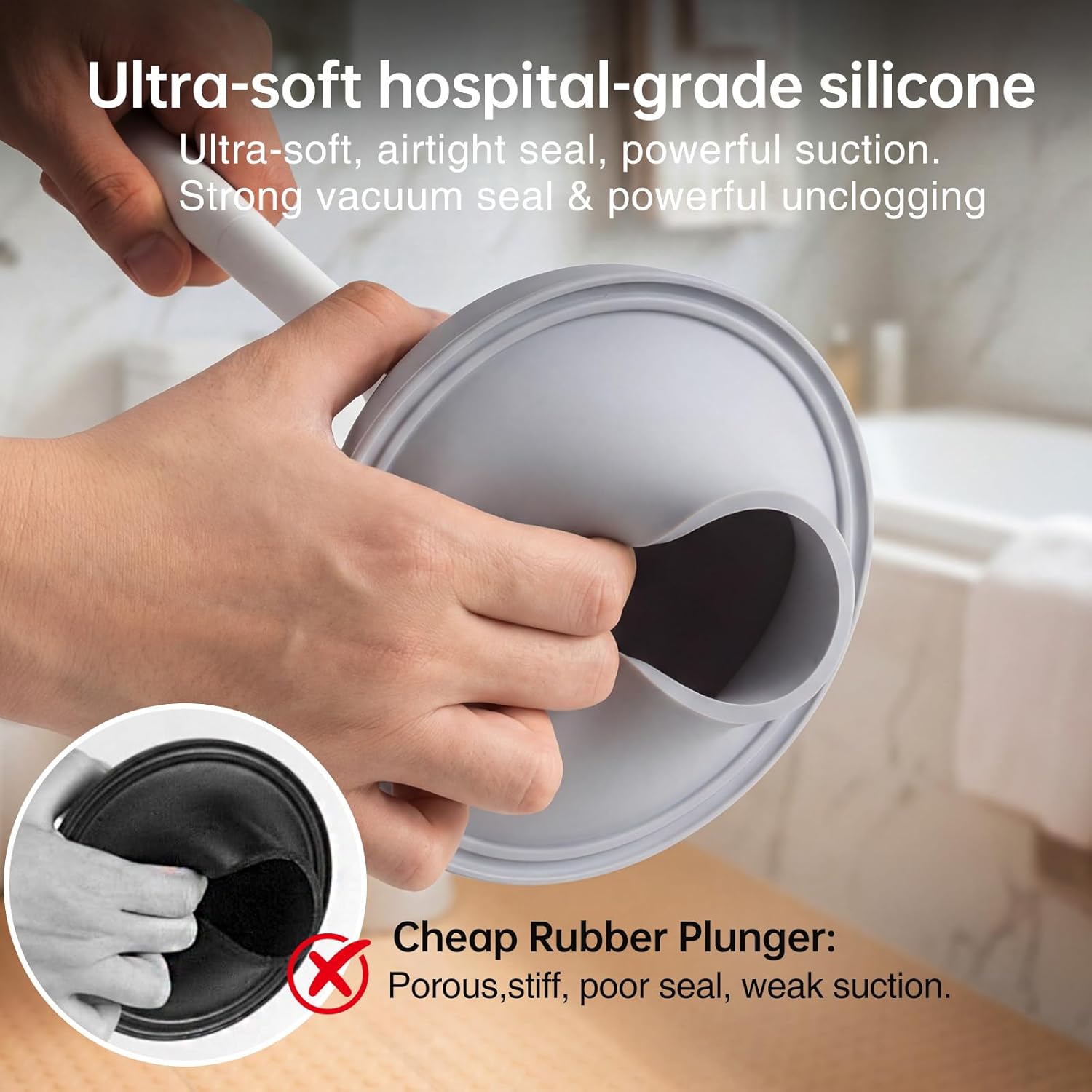 2 in 1 Toilet Brush and Plunger Set with Silicone Bristles, Plastic Material, Includes Holder, White/Black