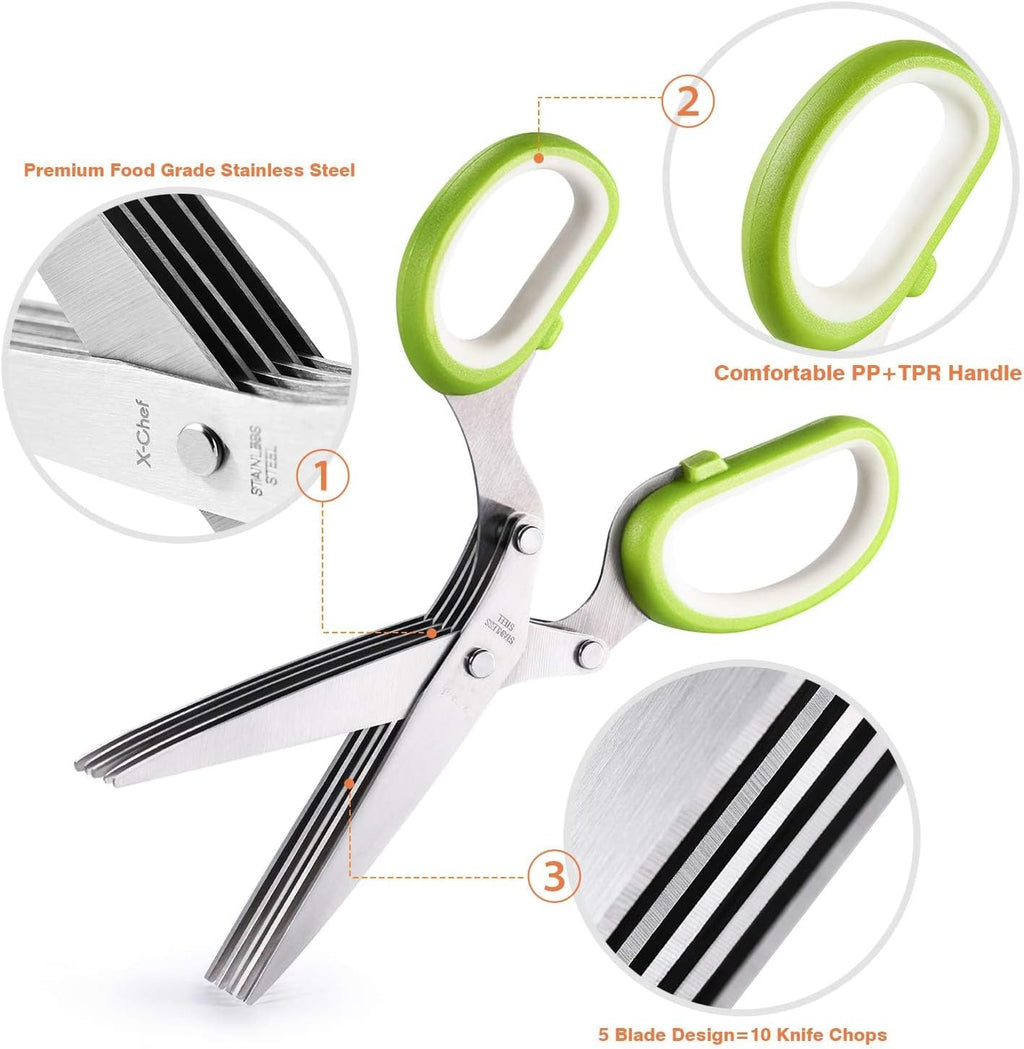 Herb Scissors, X-Chef Multipurpose 5 Blade Kitchen Herb Shears Herb Cutter with Safety Cover and Cleaning Comb for