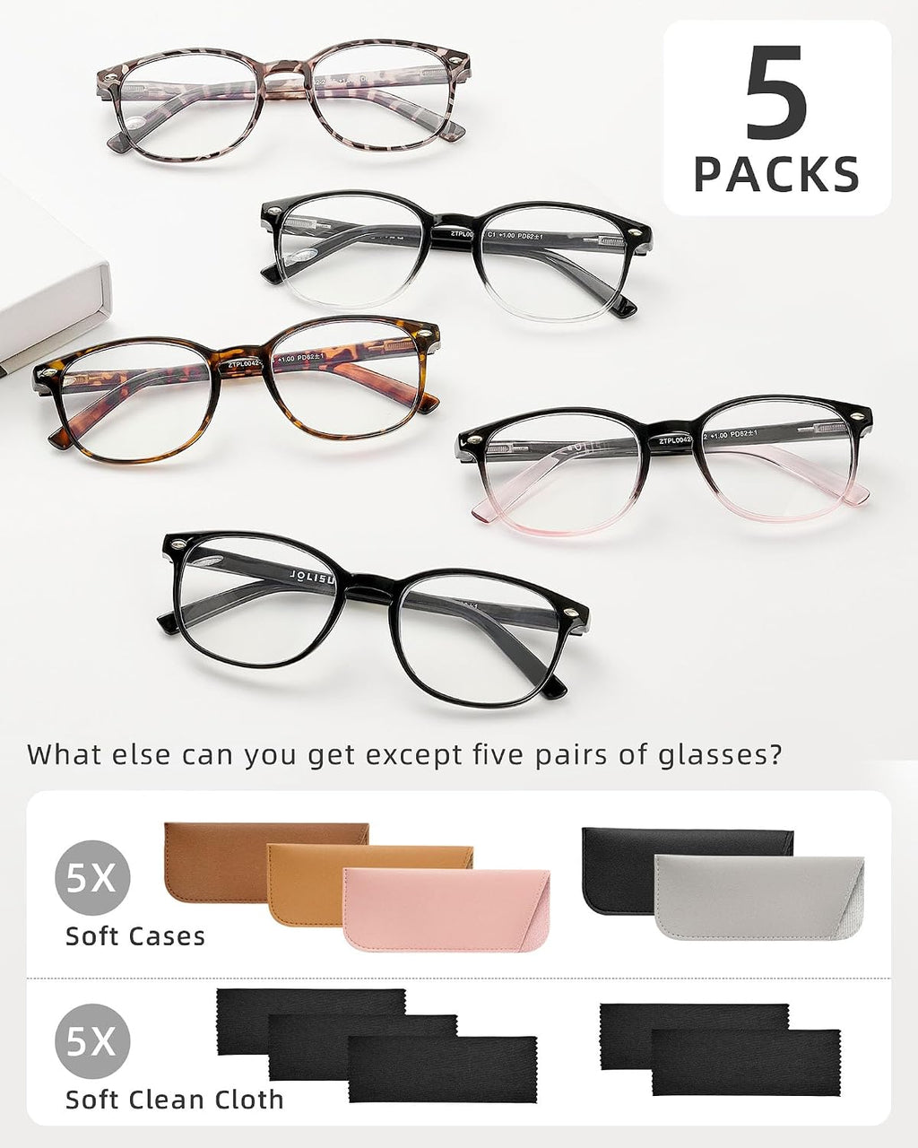 5 Pack Reading Glasses For Women, Blue Light Blocking Computer Reader Spring Hinge Eyeglasses