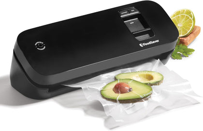 Space Saving Food Vacuum Sealer, Black with 2 Quart Vacuum Seal Bags, Pack of 1, Compact (Black)