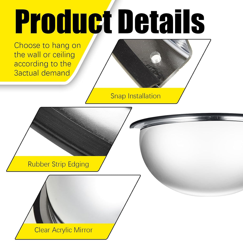 2 Pcs 18" Corner Mirror Blindspot for Wall Safety Security Acrylic Half Dome Convex Mirror Indoor for Ceiling