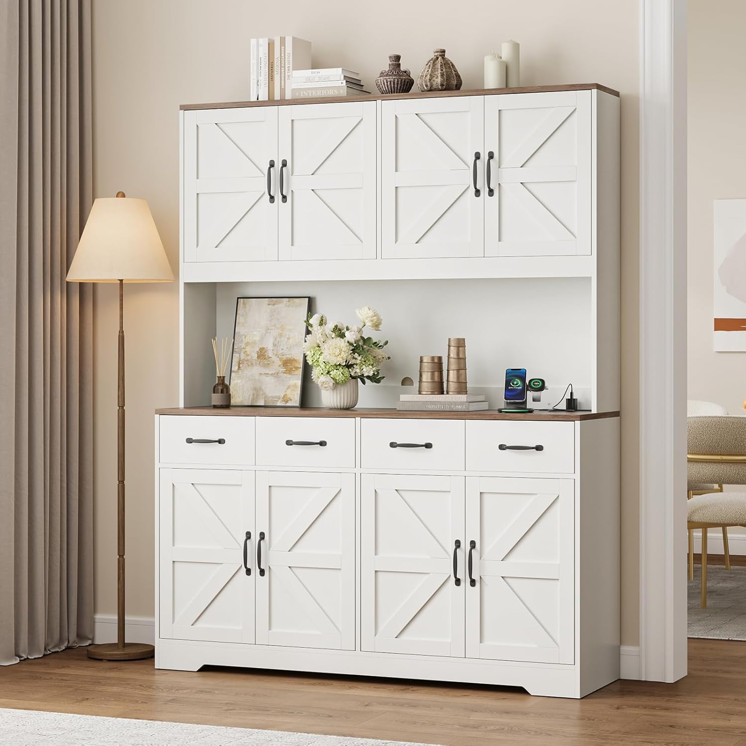 71'' Tall Pantry Cabinet with Charging Station, Large Modern Pantry Storage Cabinet with Adjustable Shelves, 4