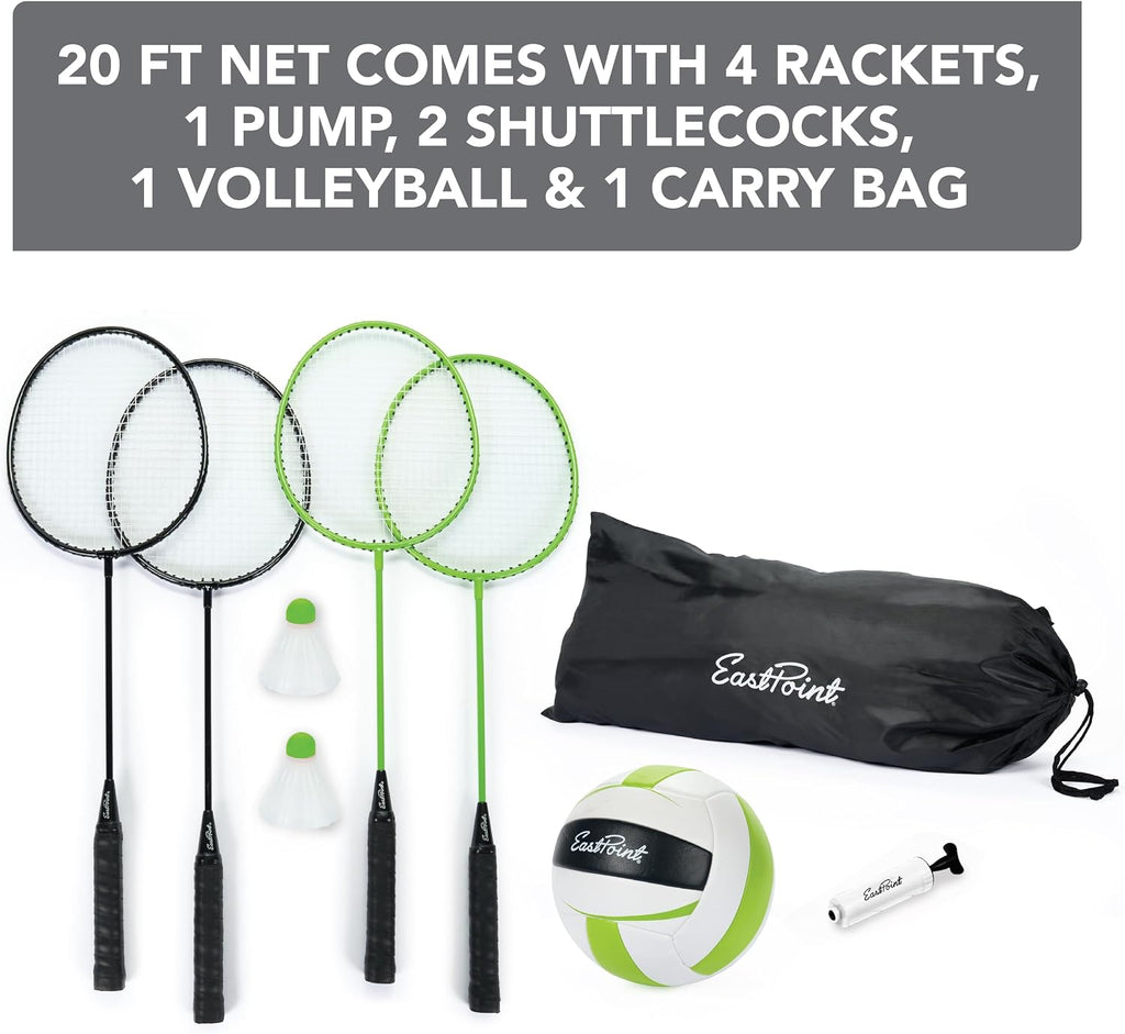 EastPoint Outdoor Games, Volleyball Net, Badminton Set, 4 Rackets & Ball | 2-In-1 Backyard Play, Height-Adjustable