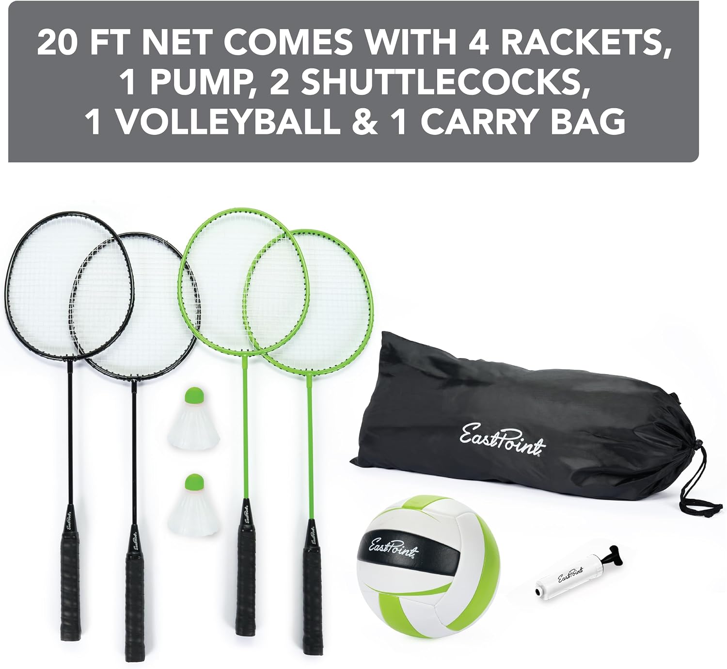 EastPoint Outdoor Games, Volleyball Net, Badminton Set, 4 Rackets & Ball | 2-In-1 Backyard Play, Height-Adjustable