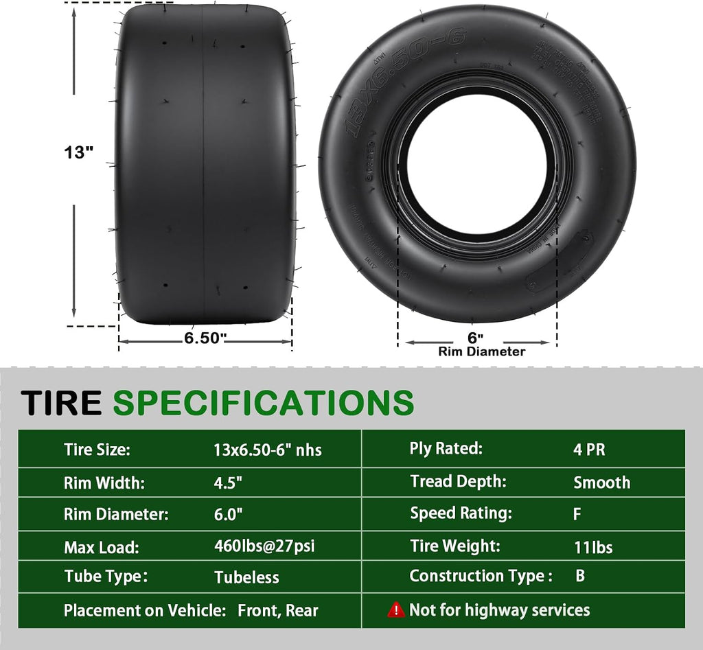 13x6.50-6 Lawn Mower Tires, Smooth 4PR Tubeless, Set of 2 | 13x6.5-6 for zero-turn mowers, garden tractors, golf