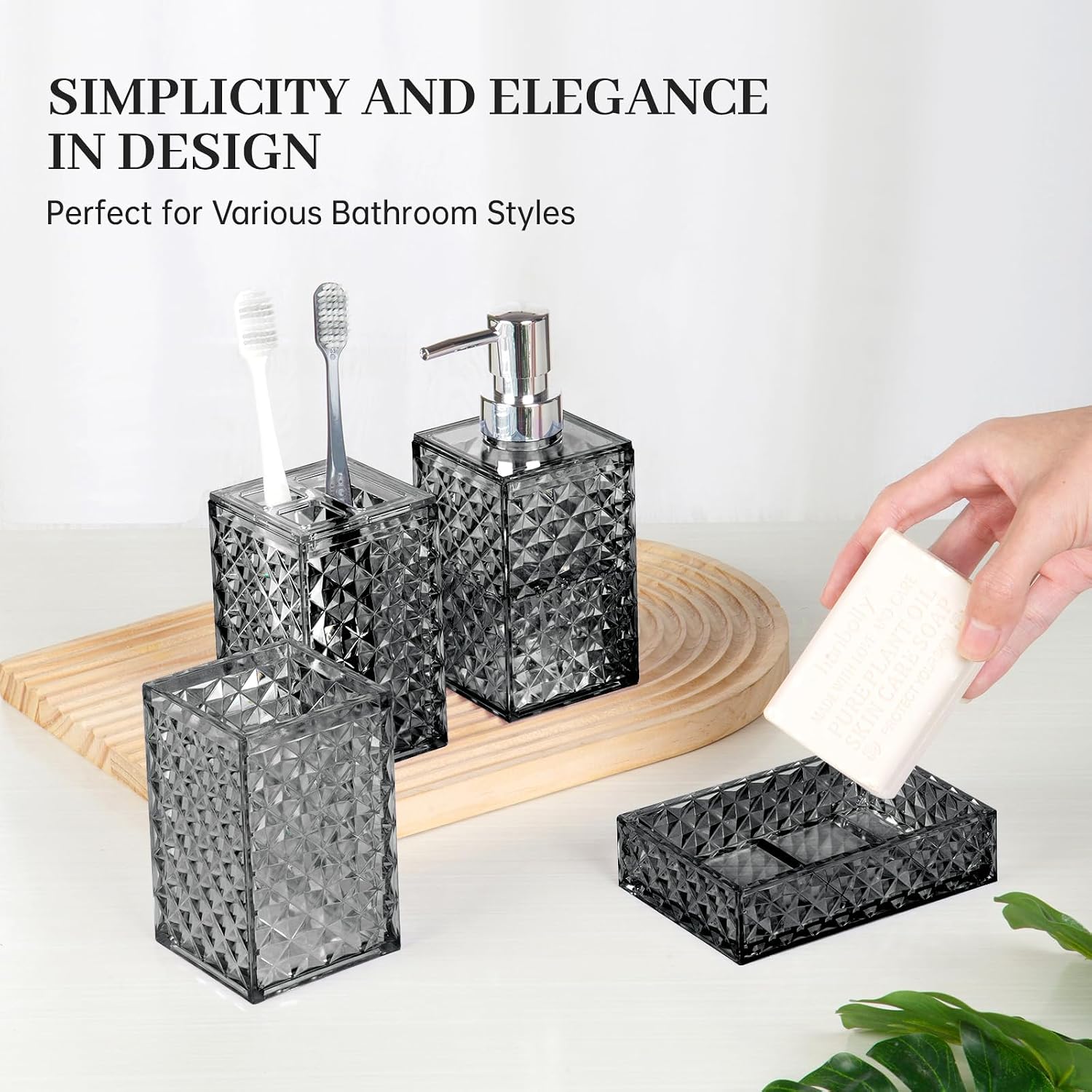 Bathroom Accessory Set, Grid Pattern 4 Pcs Plastic Bathroom Set, Grey | Include Soap Dispenser, Soap Dish, Toothbrush