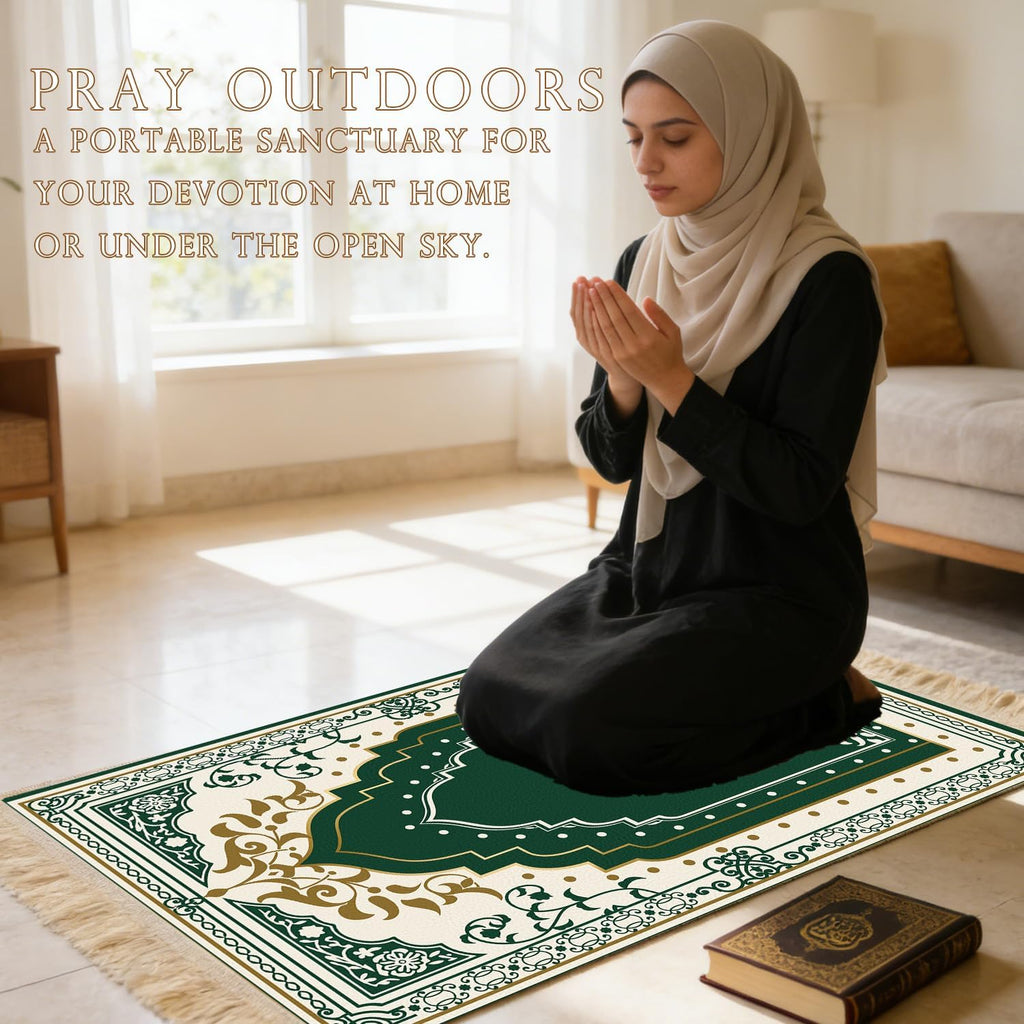 Prayer Mat Rug Ramadan Gifts - Thick Green Muslim Prayer Rug Islamic Tasbih Beads, Islamic Praying Mat Carpet for