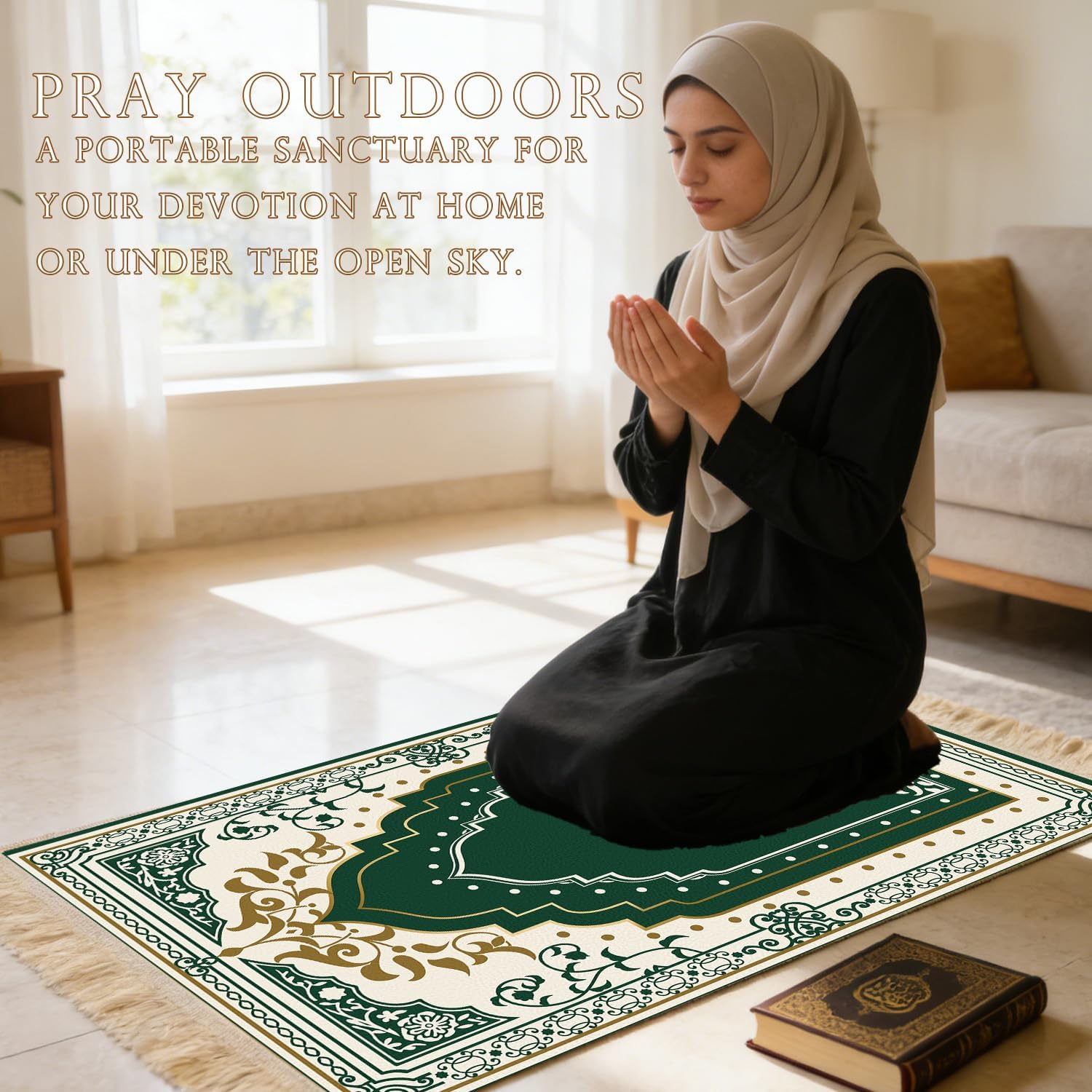 Prayer Mat Rug Ramadan Gifts - Thick Green Muslim Prayer Rug Islamic Tasbih Beads, Islamic Praying Mat Carpet for