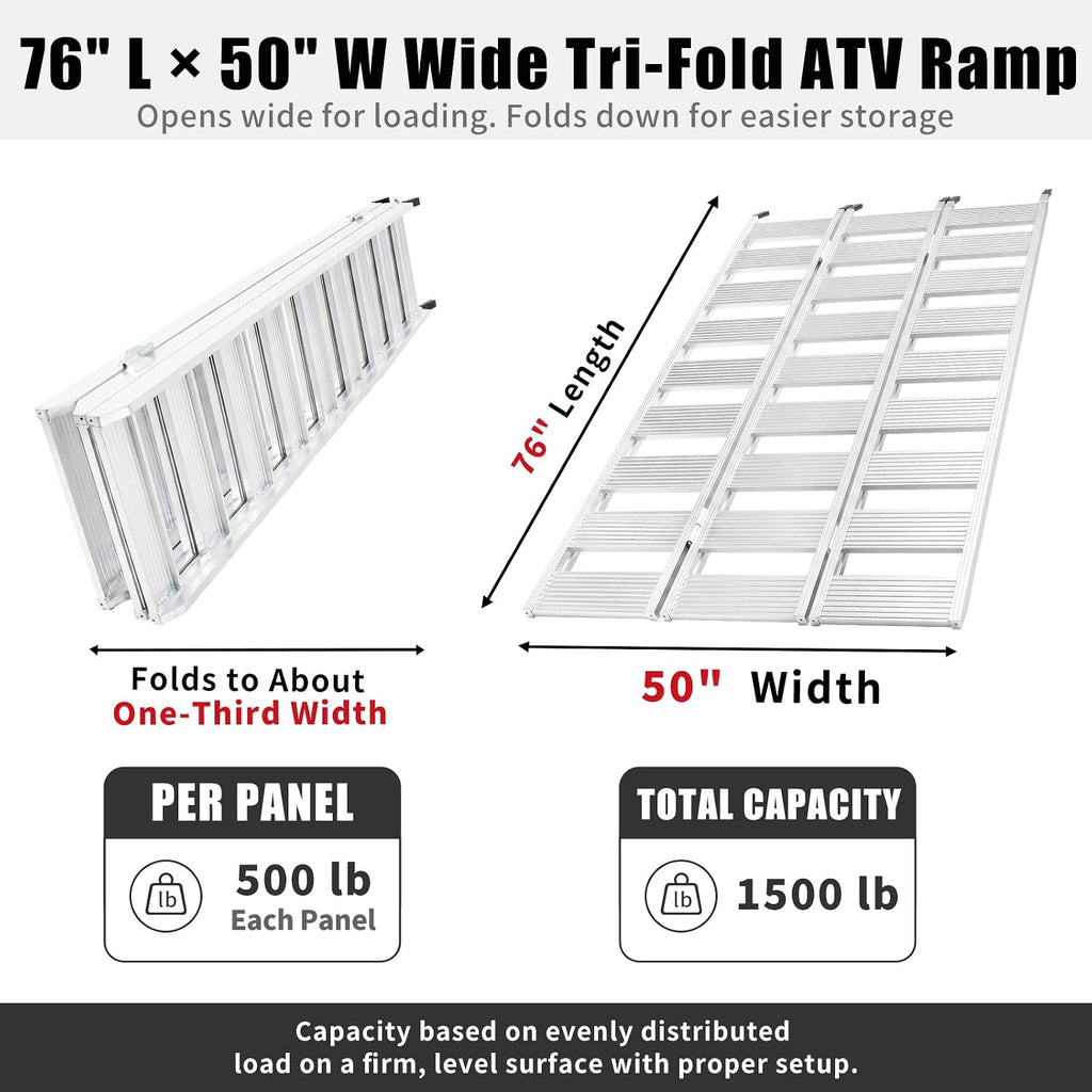 Aluminum Tri-Fold ATV Loading Ramp, 76" x 50" Wide Platform, 1500 lb Capacity with Safety Straps for Lawn Mower, Snow