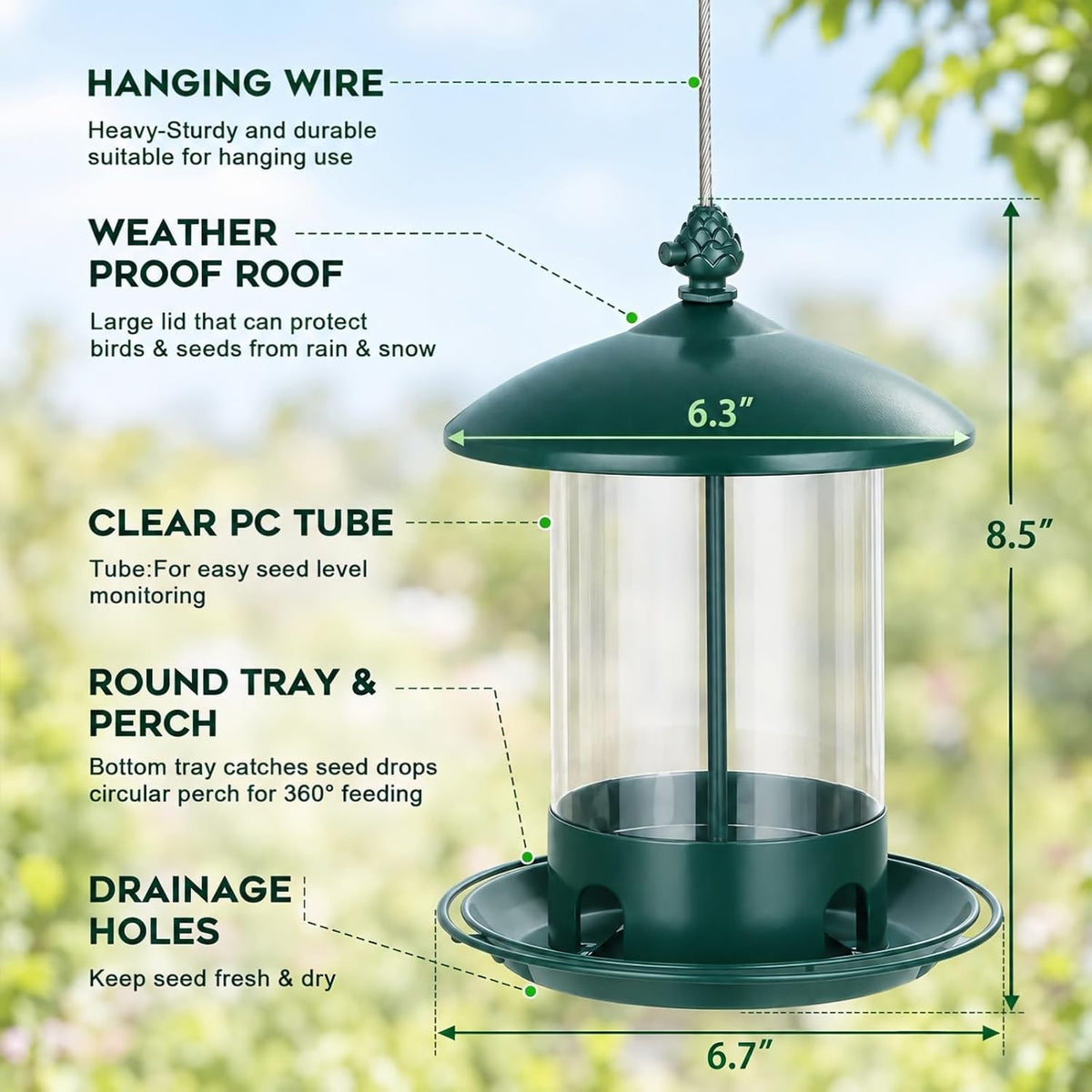 Metal Bird Feeders for Outdoors Hanging, 360° Feeding Tray, Green